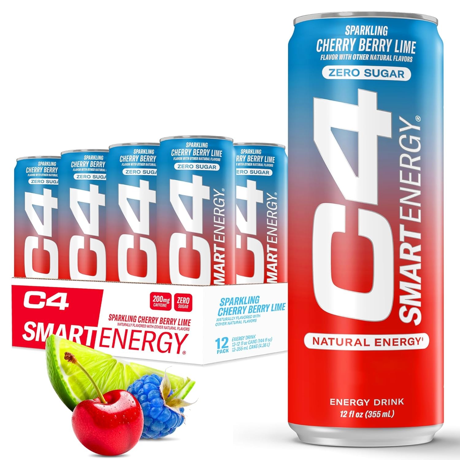 C4 Smart Energy Drink – Boost Focus and Energy with Zero Sugar, Natural Energy, and Nootropics - 200Mg Caffeine - Cherry Berry Lime (12Oz Pack of 12)