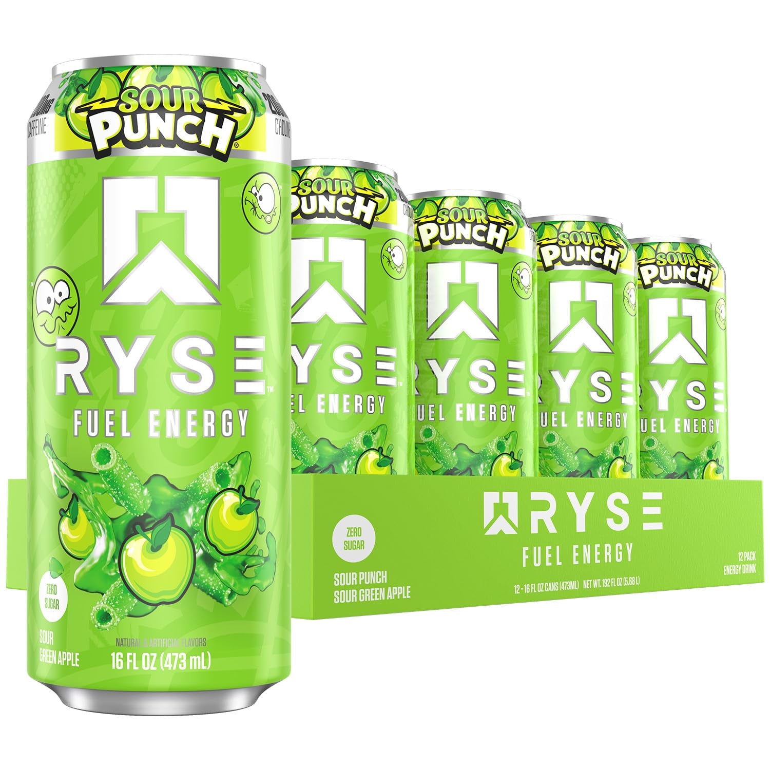 RYSE Fuel Energy Drink - Sour Punch Green Apple - Sugar Free, Gluten Free & Vegan - 200Mg Natural Caffeine, Taurine & Choline for Focus & Energy - No Artificial Colors - 16 Fl Oz Cans (12-Pack)