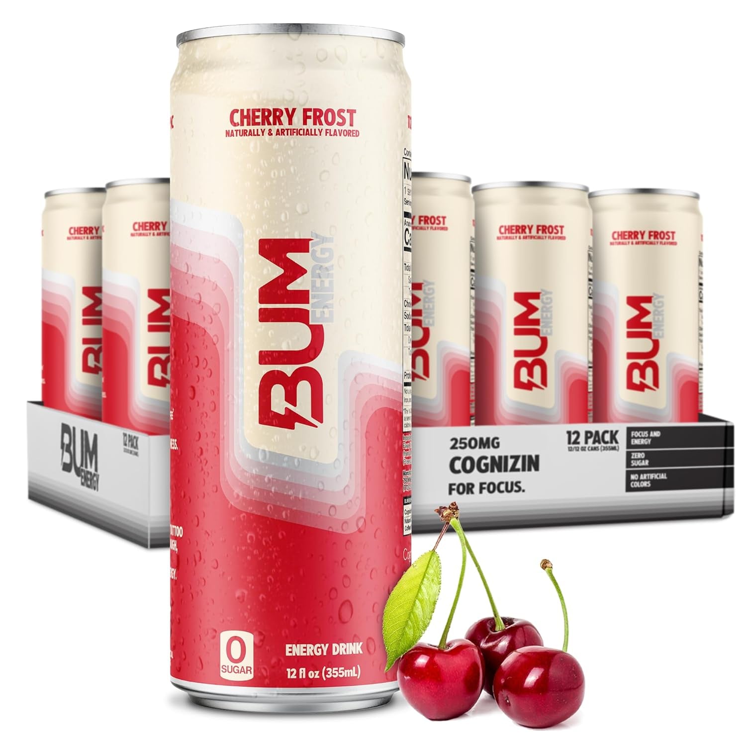 BUM Sugar-Free Energy Drink, Cherry Frost - Lightly Carbonated & No Artificial Colors, Natural Caffeine & Citicoline for Energy & Focus, Brain Boost & Workout Sports Beverage - 12 Oz, Pack of 12