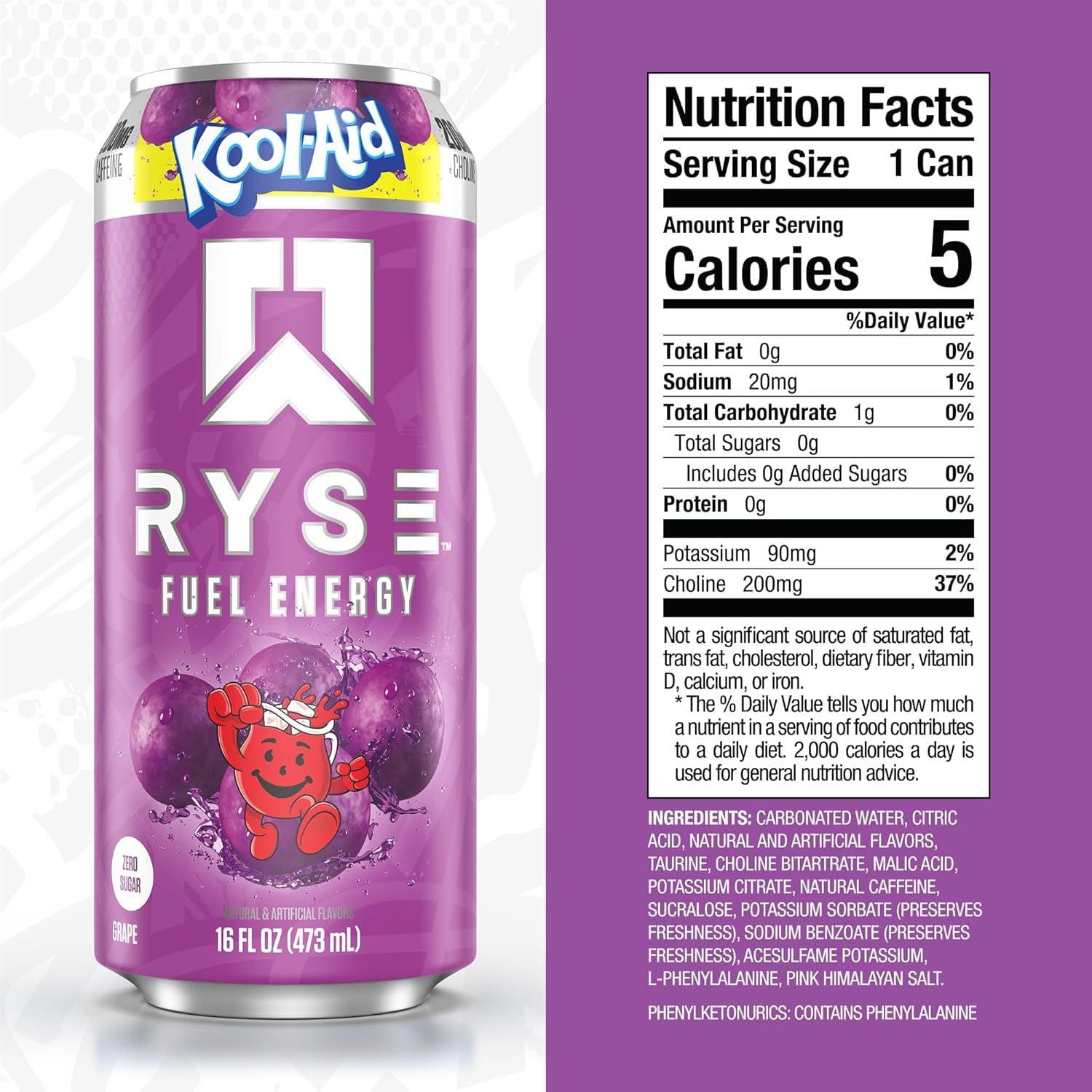RYSE Fuel Energy Drink - Kool-Aid Grape - Sugar Free, Gluten Free & Vegan - 200Mg Natural Caffeine, Taurine & Choline for Focus & Energy - No Artificial Colors - 16 Fl Oz Cans (12-Pack)