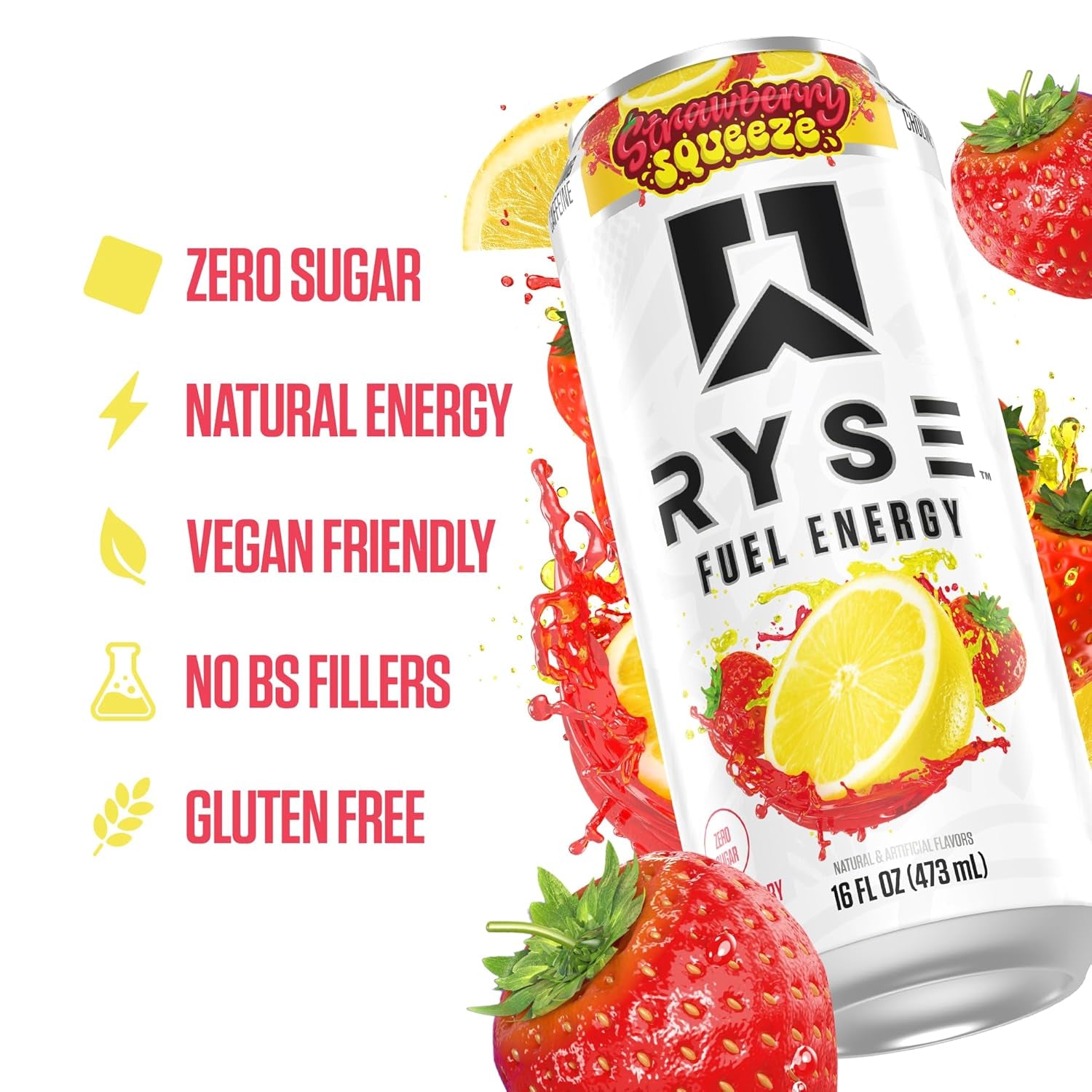 RYSE Fuel Energy Drink - Strawberry Squeeze - Sugar Free, Gluten Free & Vegan - 200Mg Natural Caffeine, Taurine & Choline for Focus & Energy - No Artificial Colors - 16 Fl Oz Cans (12-Pack)
