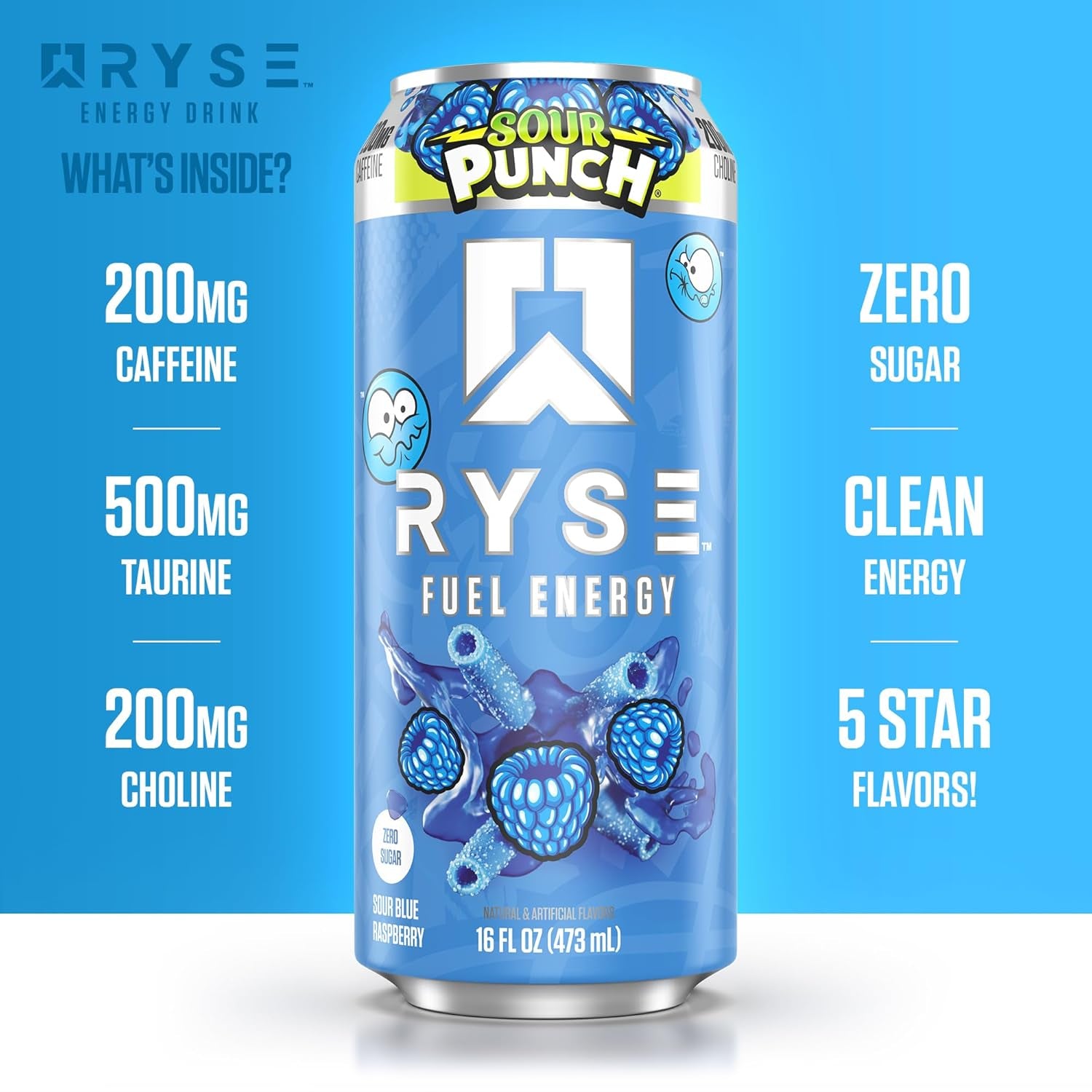 RYSE Fuel Energy Drink - Sour Punch Blue Raspberry - Sugar Free, Gluten Free & Vegan - 200Mg Natural Caffeine, Taurine & Choline for Focus & Energy - No Artificial Colors - 16 Fl Oz Cans (12-Pack)