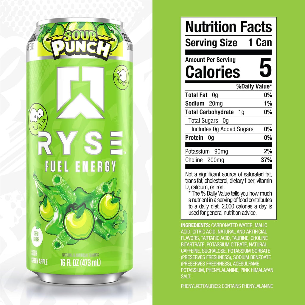 RYSE Fuel Energy Drink - Sour Punch Green Apple - Sugar Free, Gluten Free & Vegan - 200Mg Natural Caffeine, Taurine & Choline for Focus & Energy - No Artificial Colors - 16 Fl Oz Cans (12-Pack)