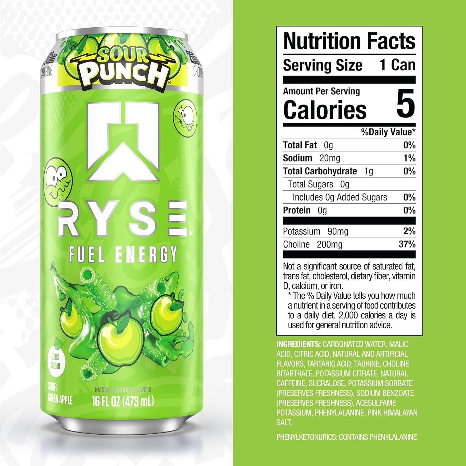 RYSE Fuel Energy Drink - Sour Punch Green Apple - Sugar Free, Gluten Free & Vegan - 200Mg Natural Caffeine, Taurine & Choline for Focus & Energy - No Artificial Colors - 16 Fl Oz Cans (12-Pack)