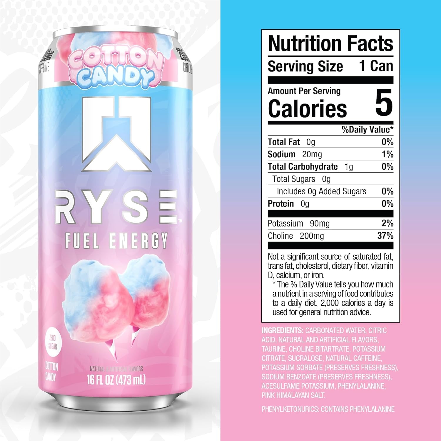 RYSE Fuel Energy Drink - Cotton Candy - Sugar Free, Gluten Free & Vegan - 200Mg Natural Caffeine, Taurine & Choline for Focus & Energy - No Artificial Colors - 16 Fl Oz Cans (12-Pack)