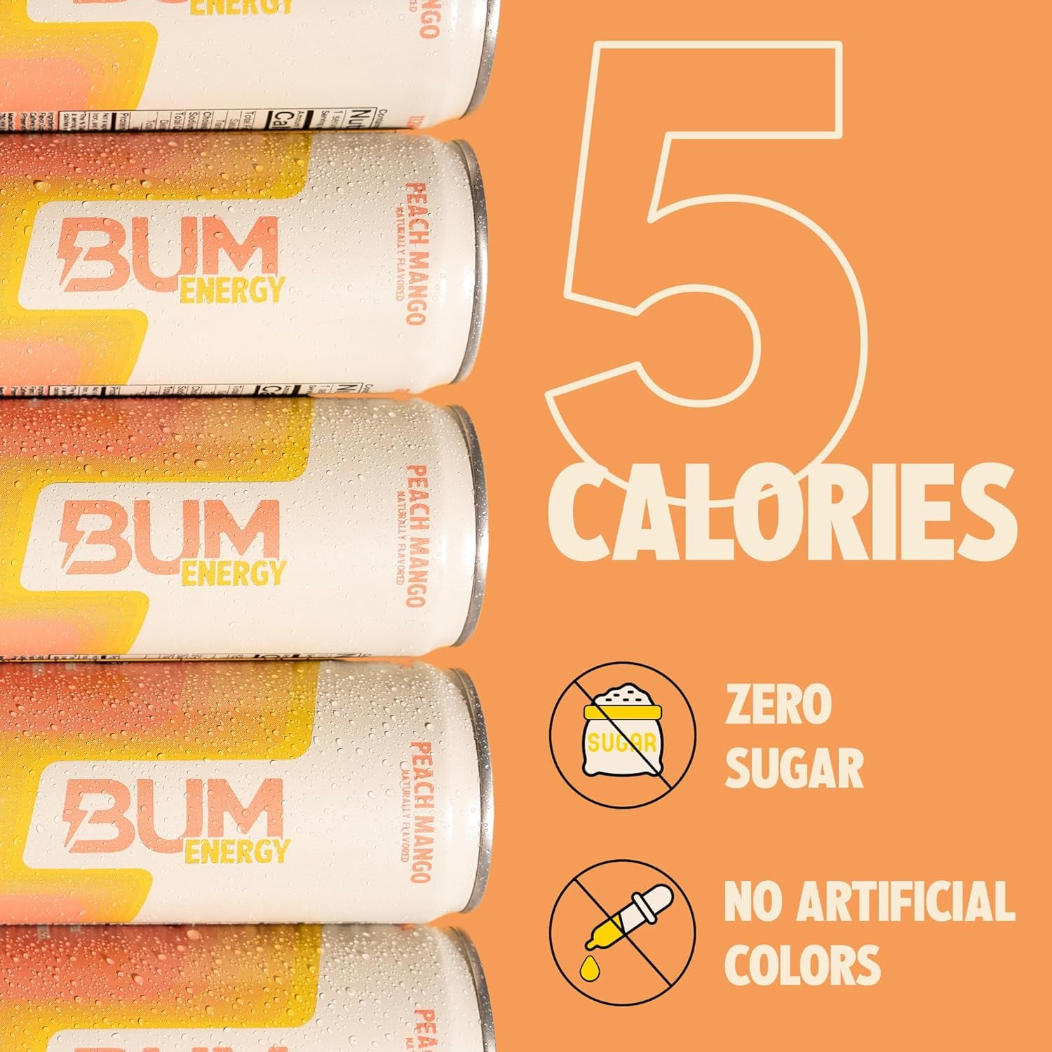 BUM Sugar-Free Energy Drink, Peach Mango - Lightly Carbonated & No Artificial Colors, Natural Caffeine & Citicoline for Energy & Focus, Brain Boost & Workout Sports Beverage - 12 Oz, Pack of 12