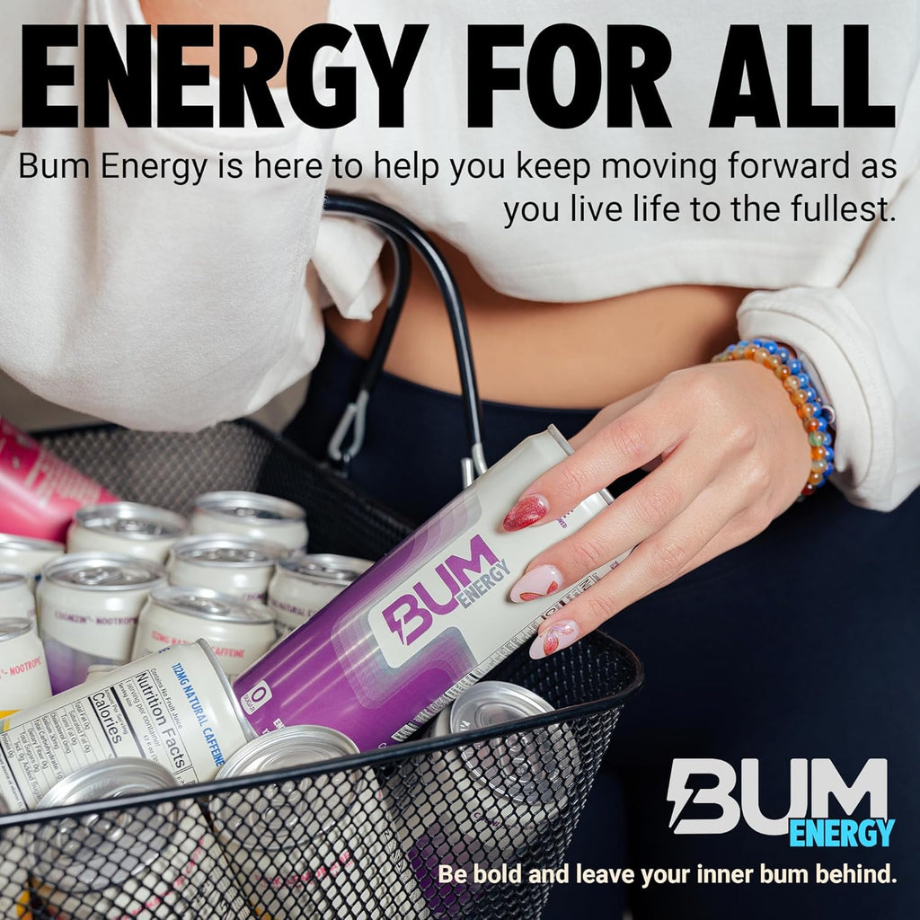 BUM Sugar-Free Energy Drink, Champion Mentality - Lightly Carbonated & No Artificial Colors, Natural Caffeine & Citicoline for Energy & Focus, Brain Boost & Workout Sports Beverage - 12 Oz, Pack of 12