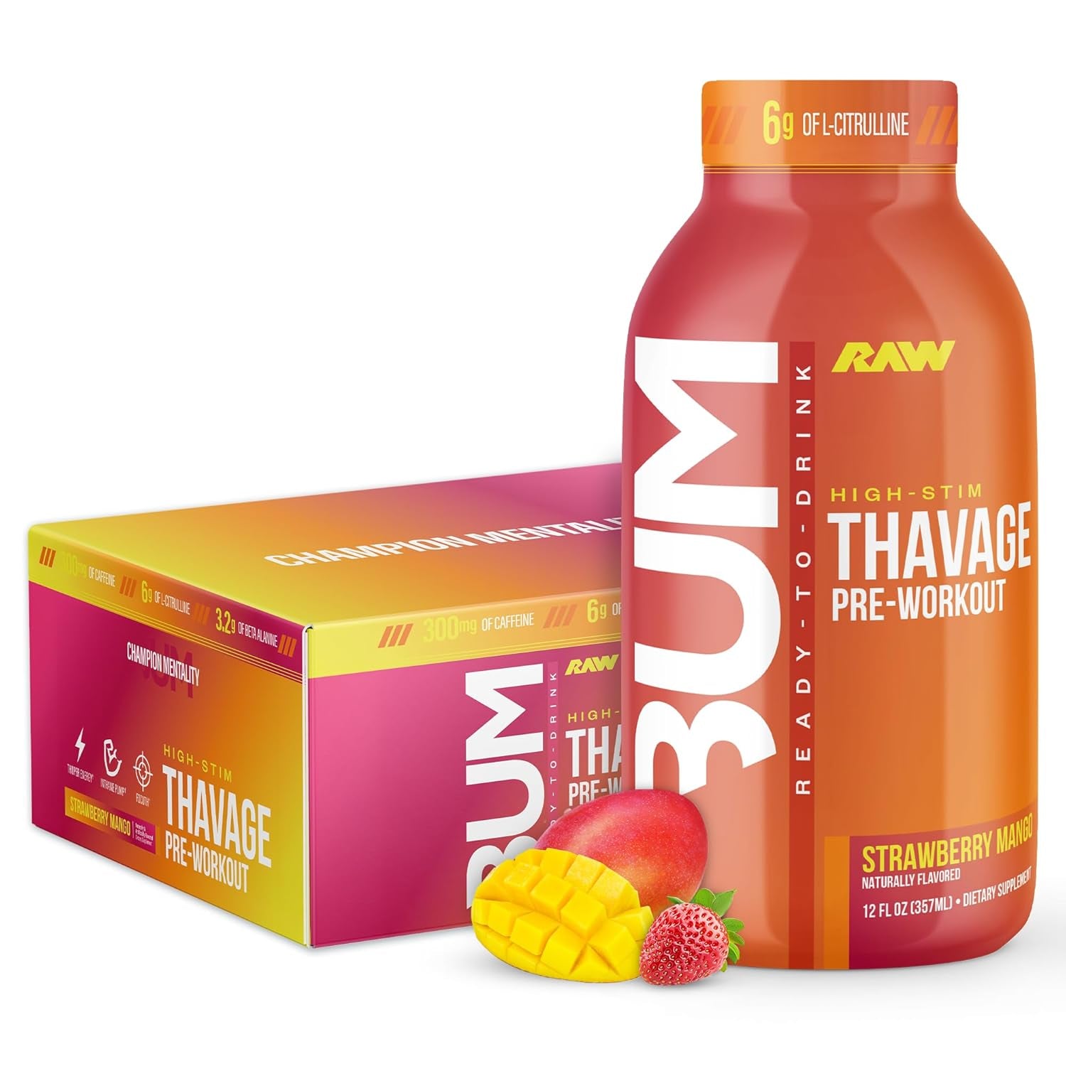 Ready to Drink Pre-Workout Drink - BUM Thavage RTD Preworkout Shakes - Energy Supplement Drinks with Beta Alanine, L-Citrulline & Caffeine - Zero Sugar (12 Pack, Stberry Mango)