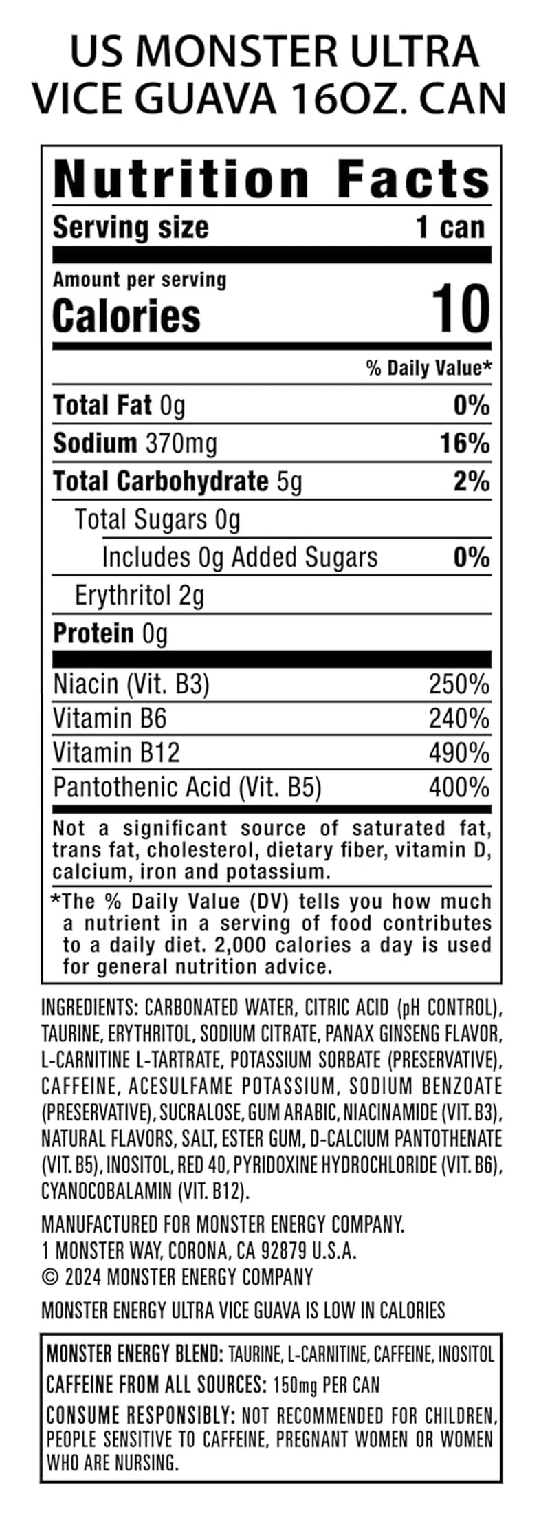 Energy Ultra Vice Guava, Sugar Free Energy Drink, 16 Ounce (Pack of 15)