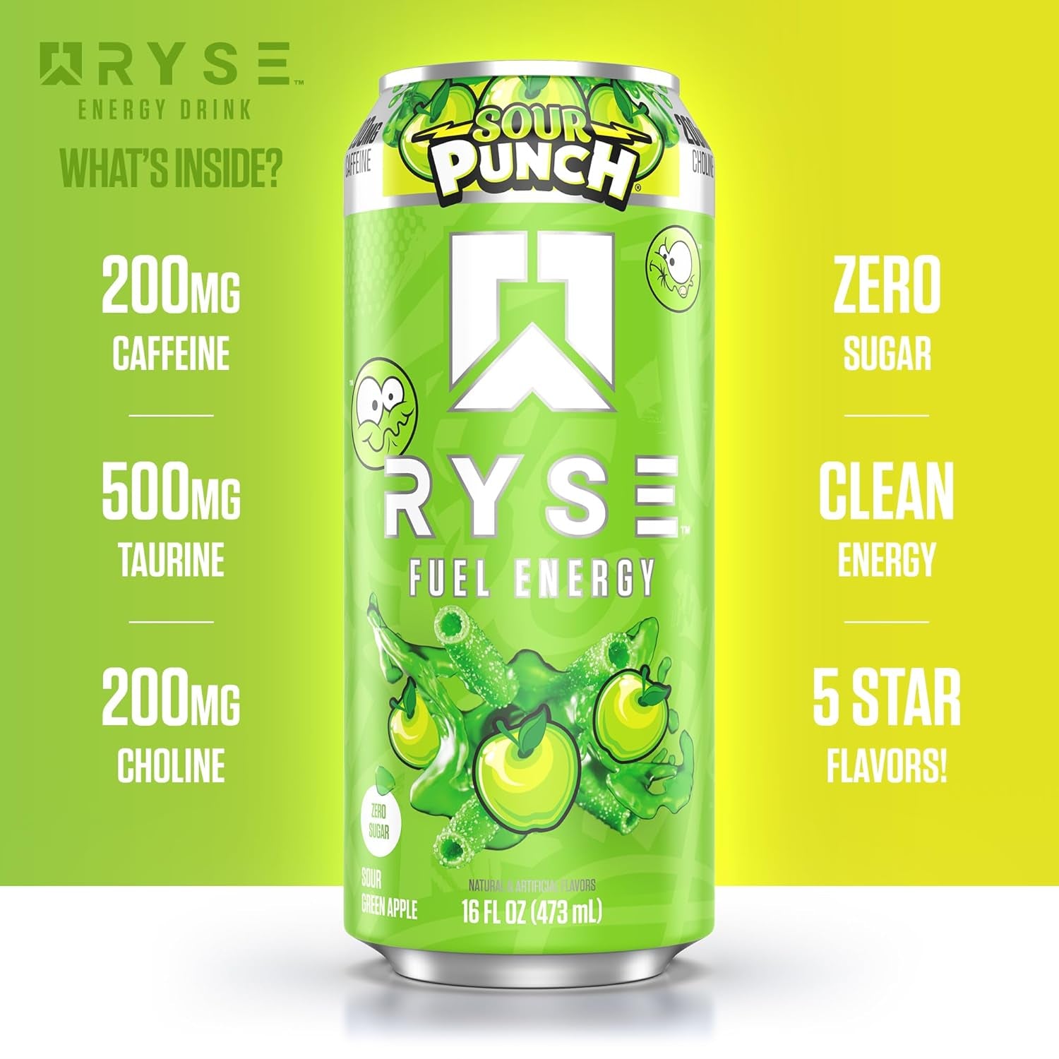RYSE Fuel Energy Drink - Sour Punch Green Apple - Sugar Free, Gluten Free & Vegan - 200Mg Natural Caffeine, Taurine & Choline for Focus & Energy - No Artificial Colors - 16 Fl Oz Cans (12-Pack)