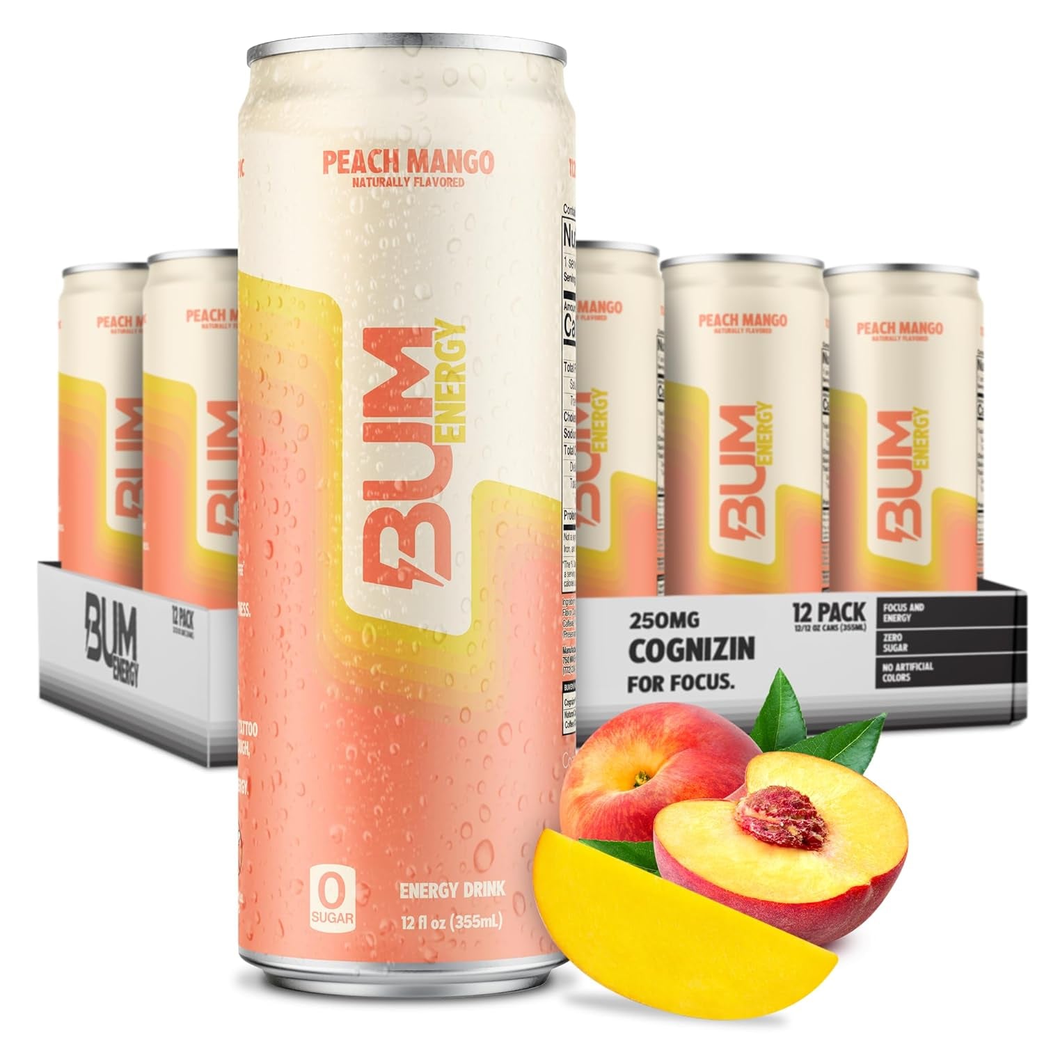 BUM Sugar-Free Energy Drink, Peach Mango - Lightly Carbonated & No Artificial Colors, Natural Caffeine & Citicoline for Energy & Focus, Brain Boost & Workout Sports Beverage - 12 Oz, Pack of 12