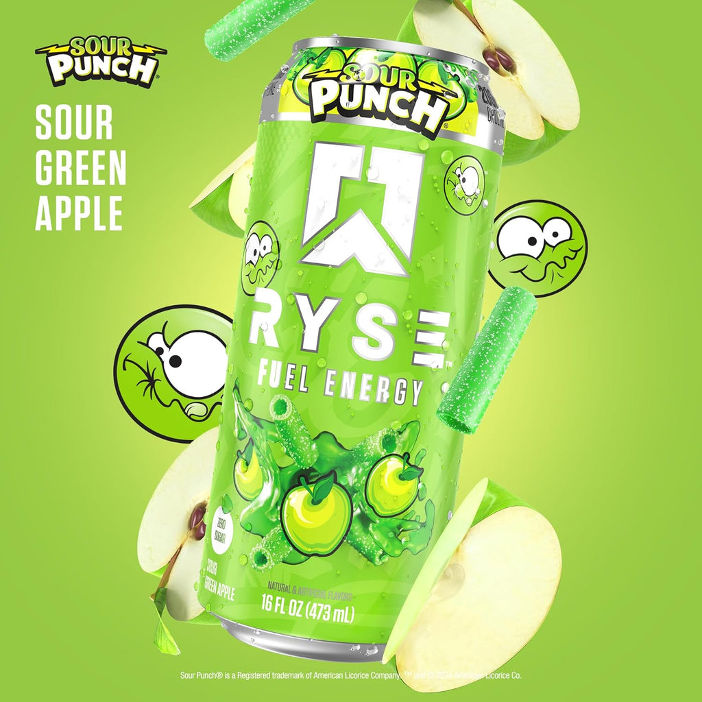 RYSE Fuel Energy Drink - Sour Punch Green Apple - Sugar Free, Gluten Free & Vegan - 200Mg Natural Caffeine, Taurine & Choline for Focus & Energy - No Artificial Colors - 16 Fl Oz Cans (12-Pack)