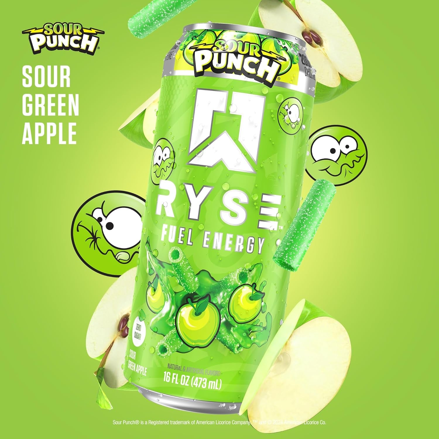 RYSE Fuel Energy Drink - Sour Punch Green Apple - Sugar Free, Gluten Free & Vegan - 200Mg Natural Caffeine, Taurine & Choline for Focus & Energy - No Artificial Colors - 16 Fl Oz Cans (12-Pack)