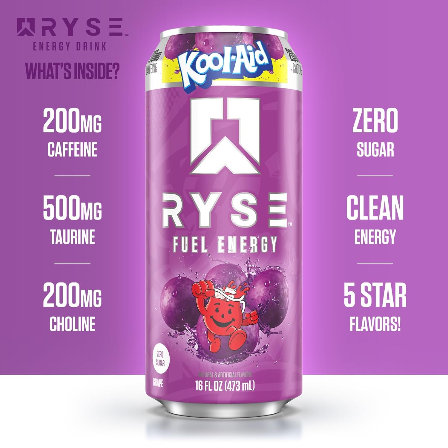 RYSE Fuel Energy Drink - Kool-Aid Grape - Sugar Free, Gluten Free & Vegan - 200Mg Natural Caffeine, Taurine & Choline for Focus & Energy - No Artificial Colors - 16 Fl Oz Cans (12-Pack)