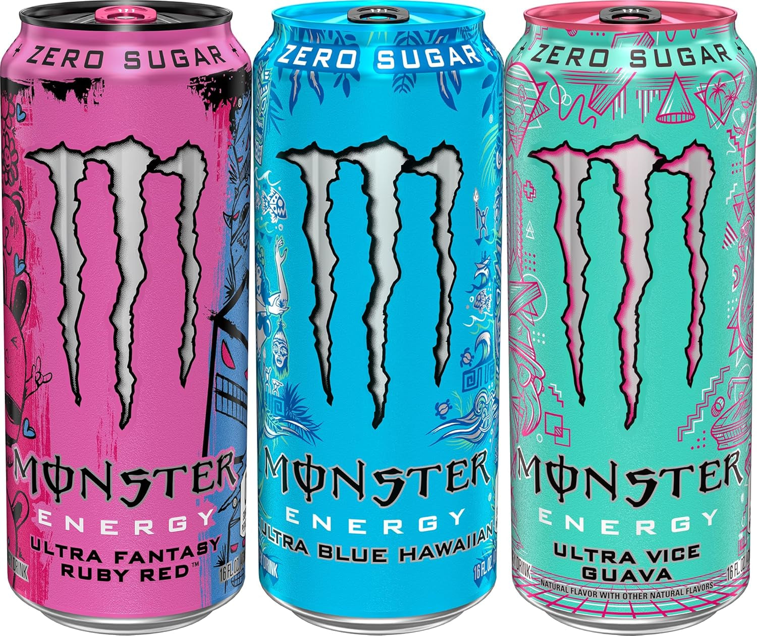 Energy Ultra Variety Pack, Blue Hawaiian, Ultra Vice Guava, Ultra Fantasy Ruby Red, Sugar Free Energy Drink, 16 Ounce (Pack of 15)