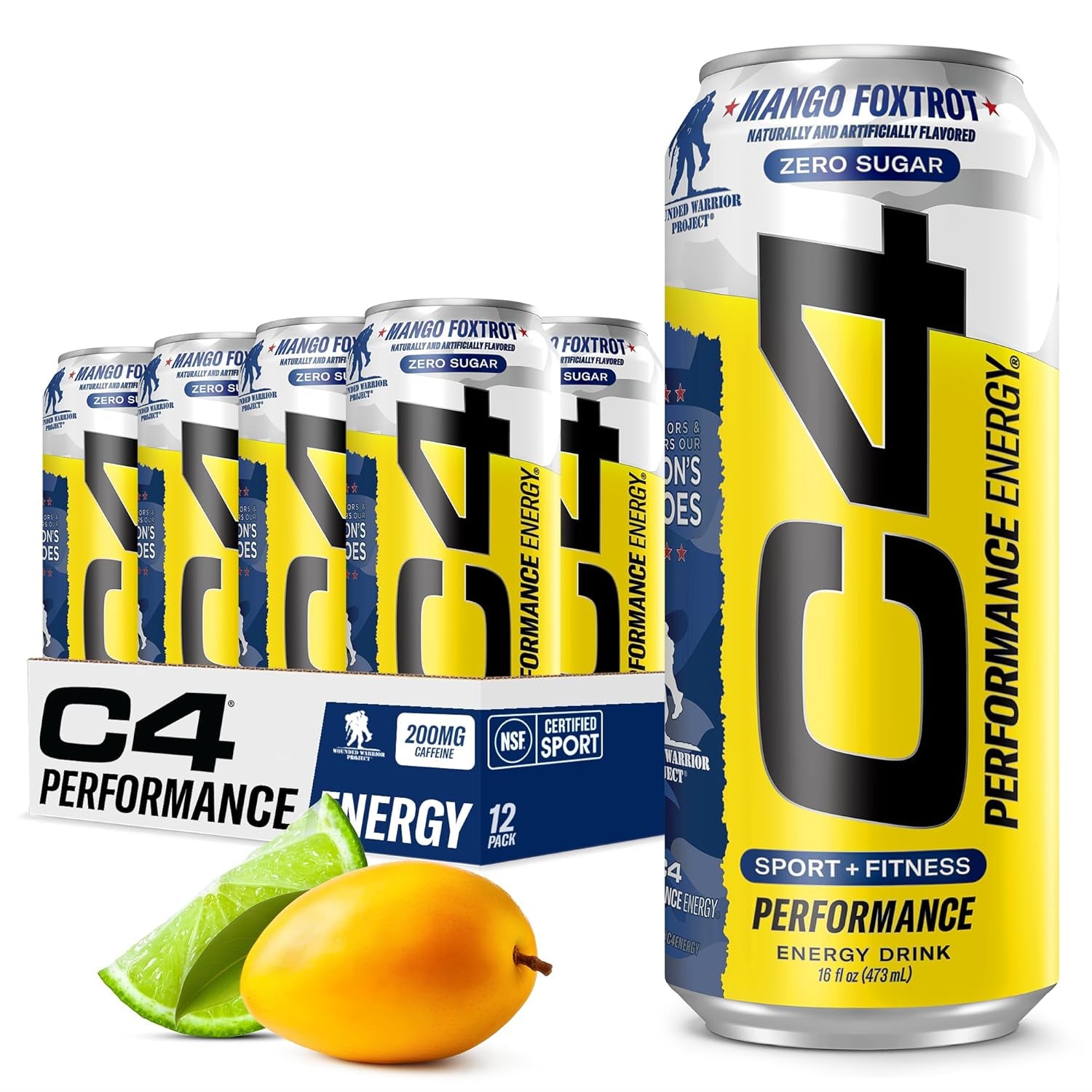 C4 Performance Energy Drink | Zero Sugar Carbonated Preworkout Energy | 200Mg Caffeine with Beta Alanine | Mango Foxtrot | 16 Fl Oz (12 Pack)