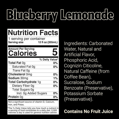 BUM Sugar-Free Energy Drink, Blueberry Lemonade - Lightly Carbonated & No Artificial Colors, Natural Caffeine & Citicoline for Energy & Focus, Brain Boost & Workout Sports Beverage - 12 Oz, Pack of 12