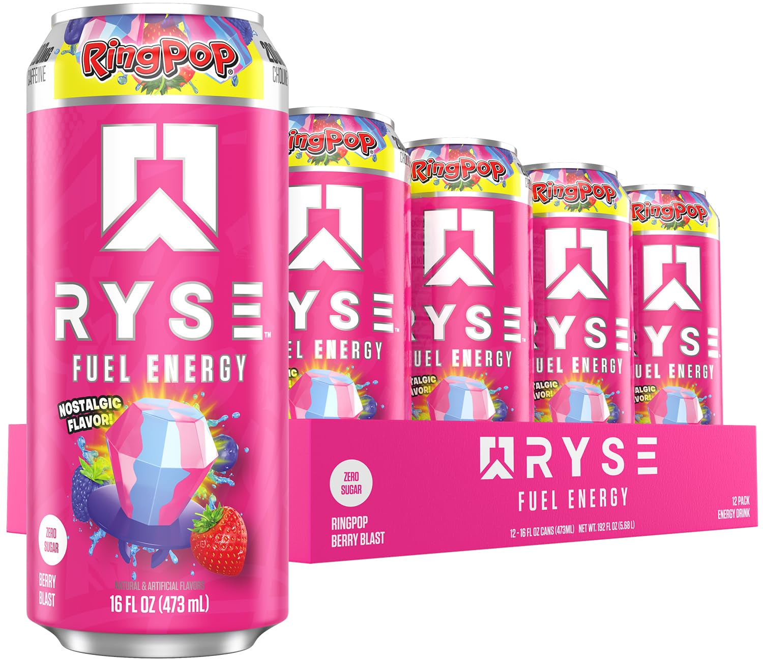 RYSE Fuel Energy Drink - Ring Pop Berry Blast - Sugar Free, Gluten Free & Vegan - 200Mg Natural Caffeine, Taurine & Choline for Focus & Energy - No Artificial Colors - 16 Fl Oz Cans (12-Pack)