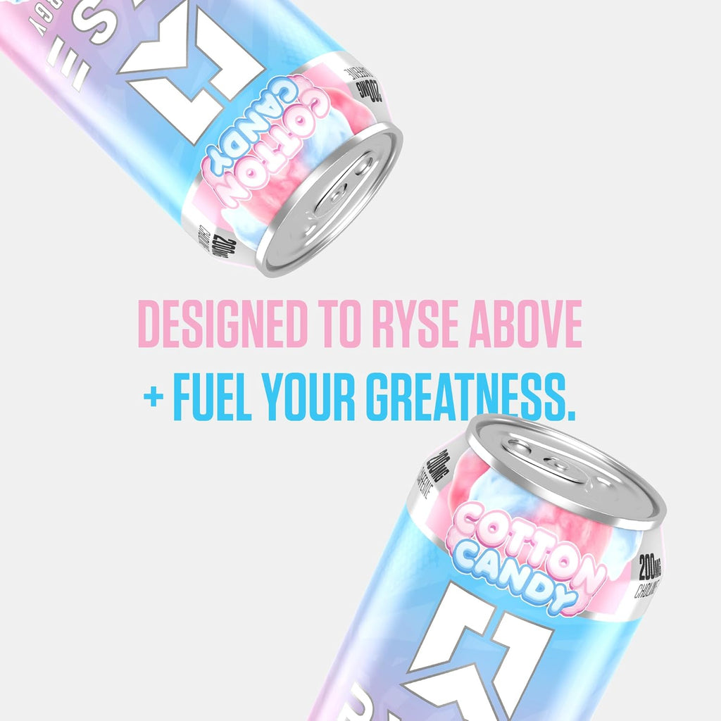 RYSE Fuel Energy Drink - Cotton Candy - Sugar Free, Gluten Free & Vegan - 200Mg Natural Caffeine, Taurine & Choline for Focus & Energy - No Artificial Colors - 16 Fl Oz Cans (12-Pack)