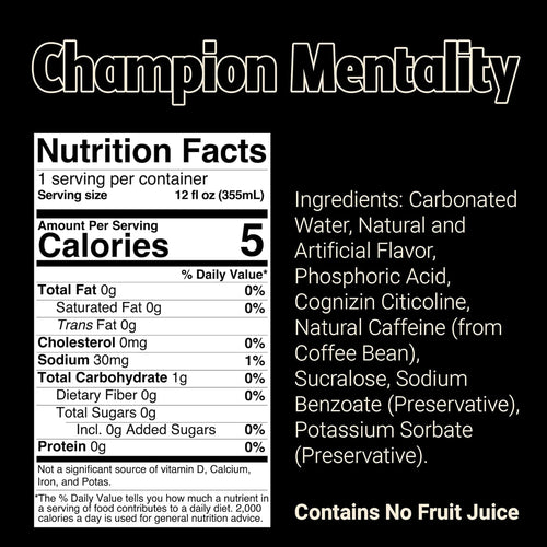 BUM Sugar-Free Energy Drink, Champion Mentality - Lightly Carbonated & No Artificial Colors, Natural Caffeine & Citicoline for Energy & Focus, Brain Boost & Workout Sports Beverage - 12 Oz, Pack of 12