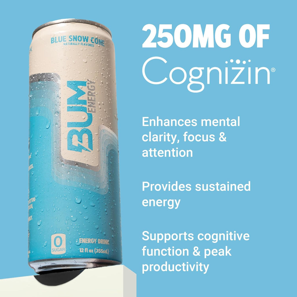 BUM Sugar-Free Energy Drink, Blue Snow Cone - Lightly Carbonated & No Artificial Colors, Natural Caffeine & Citicoline for Energy & Focus, Brain Boost & Workout Sports Beverage - 12 Oz, Pack of 12