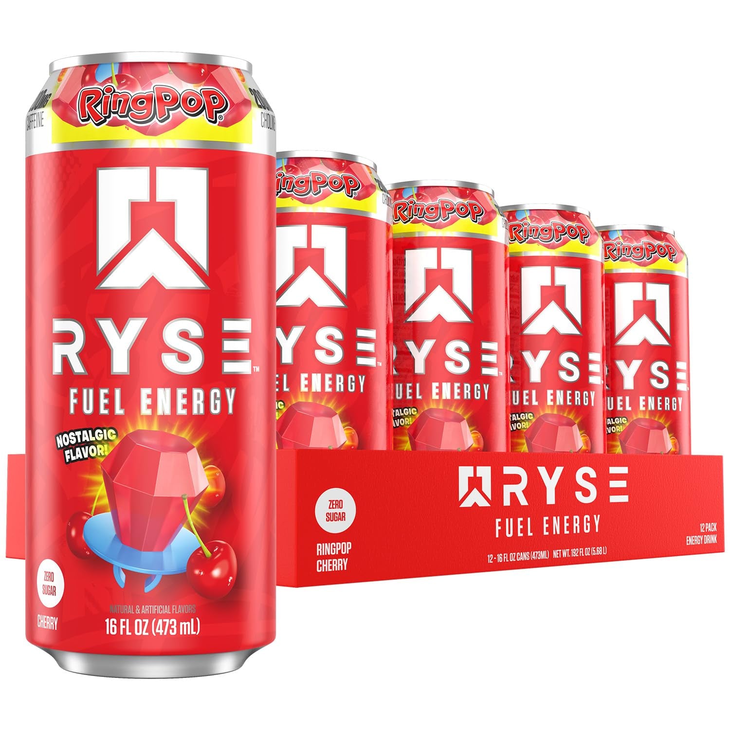 RYSE Fuel Energy Drink - Ring Pop Cherry - Sugar Free, Gluten Free & Vegan - 200Mg Natural Caffeine, Taurine & Choline for Focus & Energy - No Artificial Colors - 16 Fl Oz Cans (12-Pack)