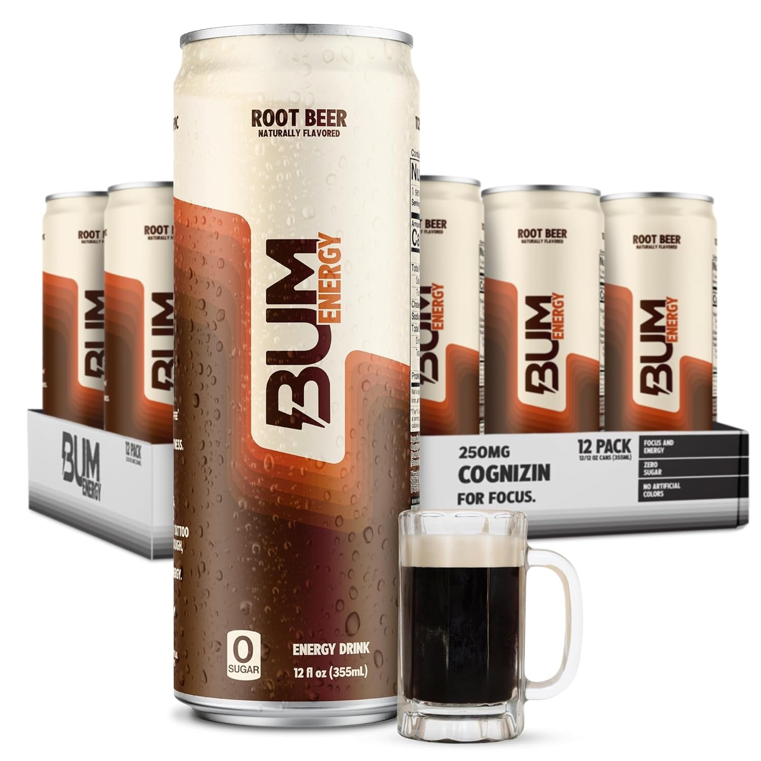 BUM Sugar-Free Energy Drink, Root Beer - Lightly Carbonated & No Artificial Colors, Natural Caffeine & Citicoline for Energy & Focus, Brain Boost & Workout Sports Beverage - 12 Oz, Pack of 12