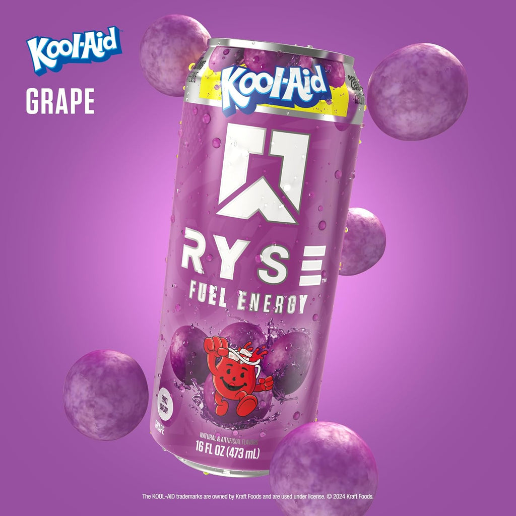 RYSE Fuel Energy Drink - Kool-Aid Grape - Sugar Free, Gluten Free & Vegan - 200Mg Natural Caffeine, Taurine & Choline for Focus & Energy - No Artificial Colors - 16 Fl Oz Cans (12-Pack)