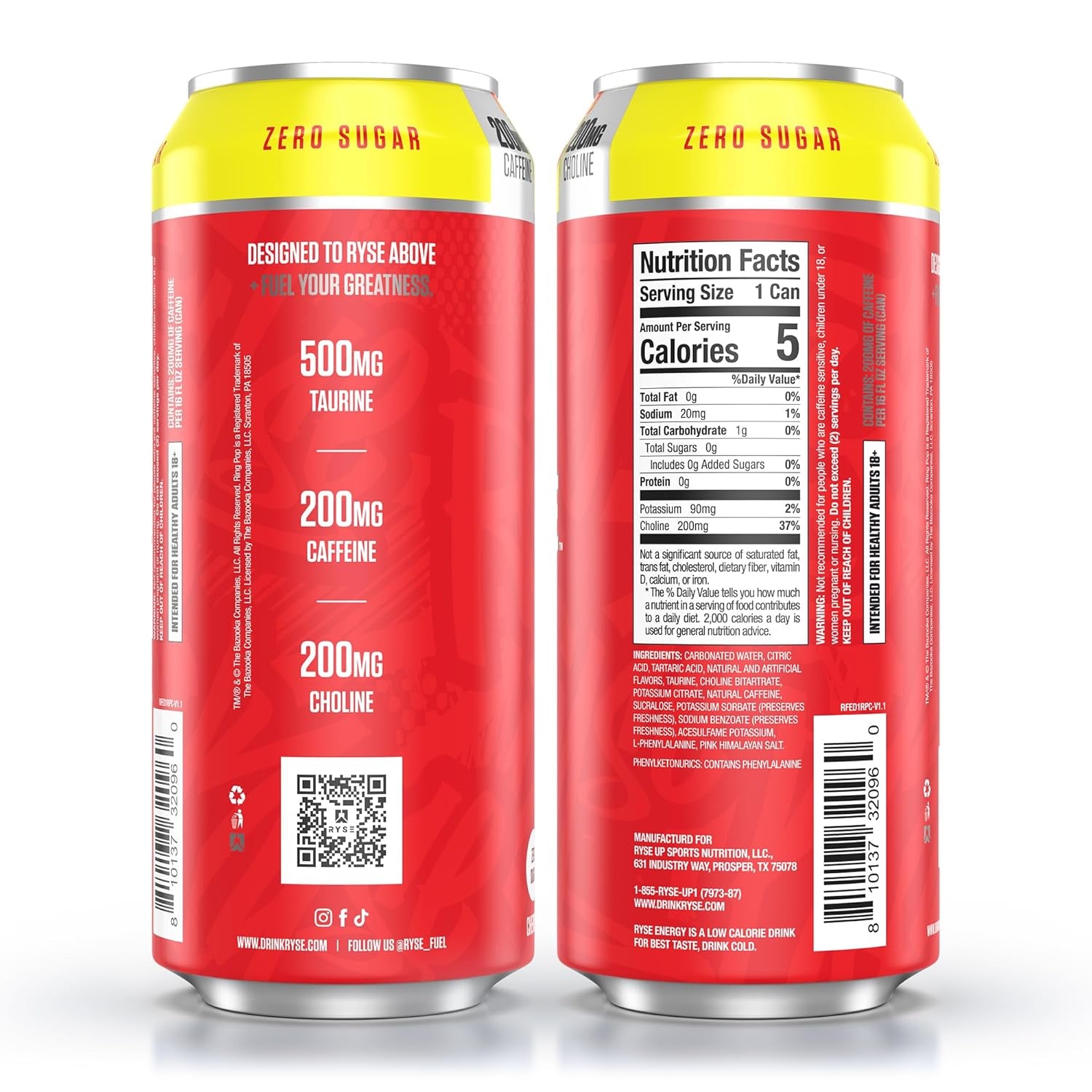 RYSE Fuel Energy Drink - Ring Pop Cherry - Sugar Free, Gluten Free & Vegan - 200Mg Natural Caffeine, Taurine & Choline for Focus & Energy - No Artificial Colors - 16 Fl Oz Cans (12-Pack)