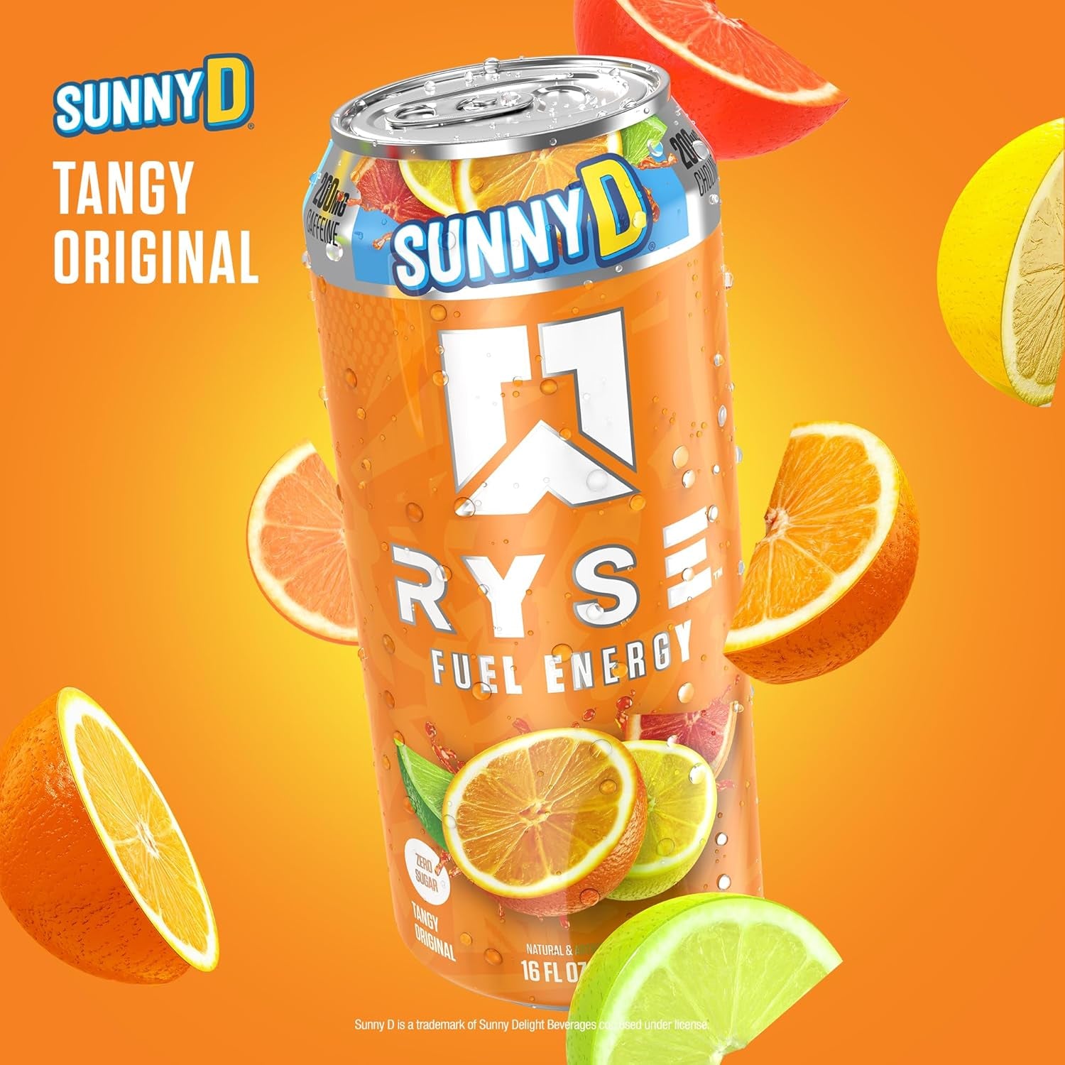 RYSE Fuel Energy Drink - Sunnyd Tangy Original - Sugar Free, Gluten Free & Vegan - 200Mg Natural Caffeine, Taurine & Choline for Focus & Energy - No Artificial Colors - 16 Fl Oz Cans (12-Pack)