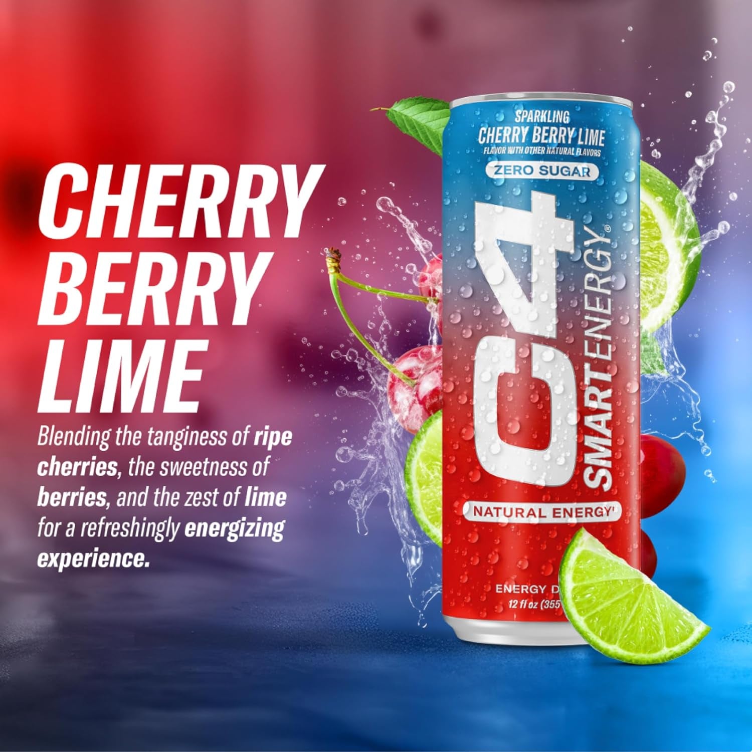 C4 Smart Energy Drink – Boost Focus and Energy with Zero Sugar, Natural Energy, and Nootropics - 200Mg Caffeine - Cherry Berry Lime (12Oz Pack of 12)