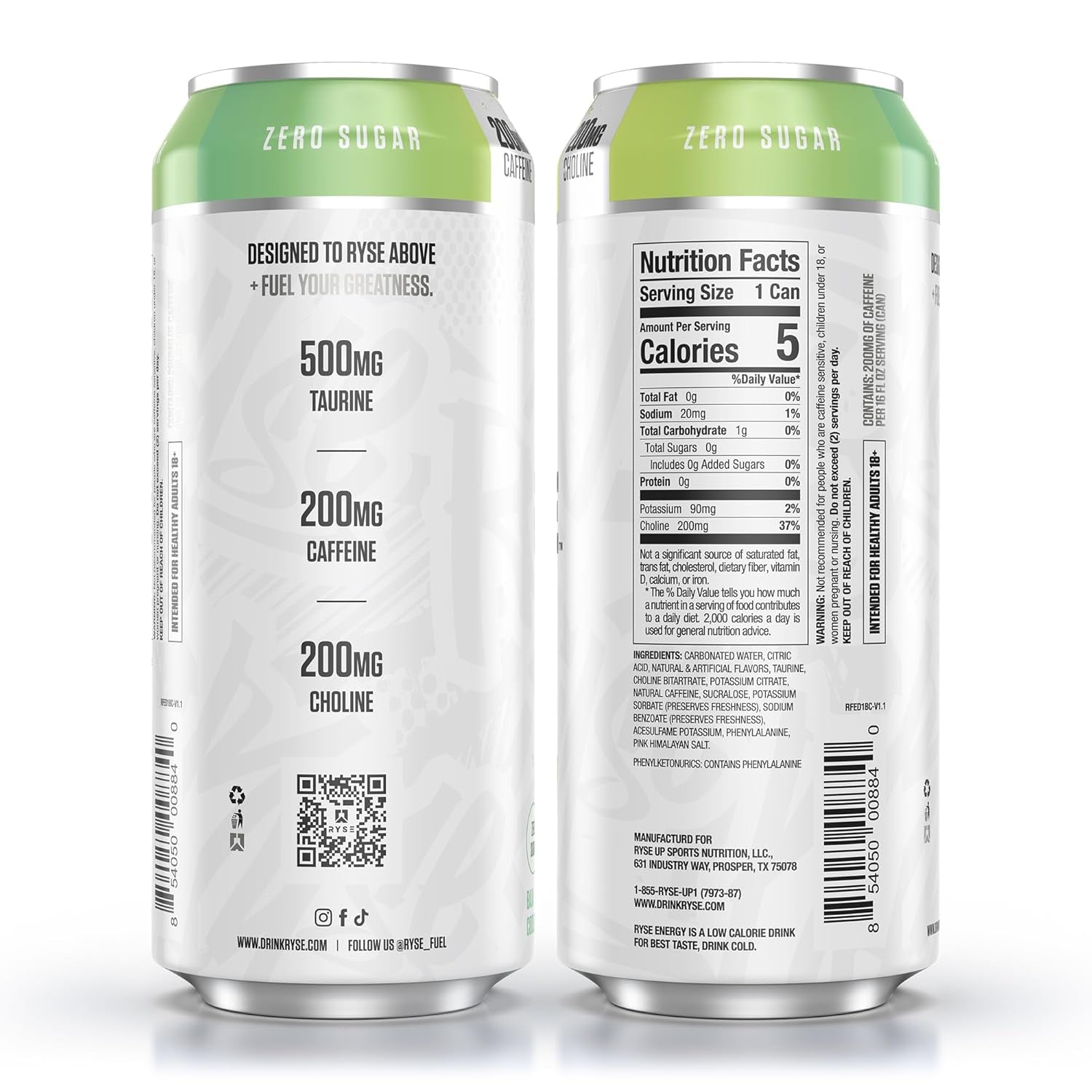 RYSE Fuel Energy Drink - Baja Cooler - Sugar Free, Gluten Free & Vegan - 200Mg Natural Caffeine, Taurine & Choline for Focus & Energy - No Artificial Colors - 16 Fl Oz Cans (12-Pack)