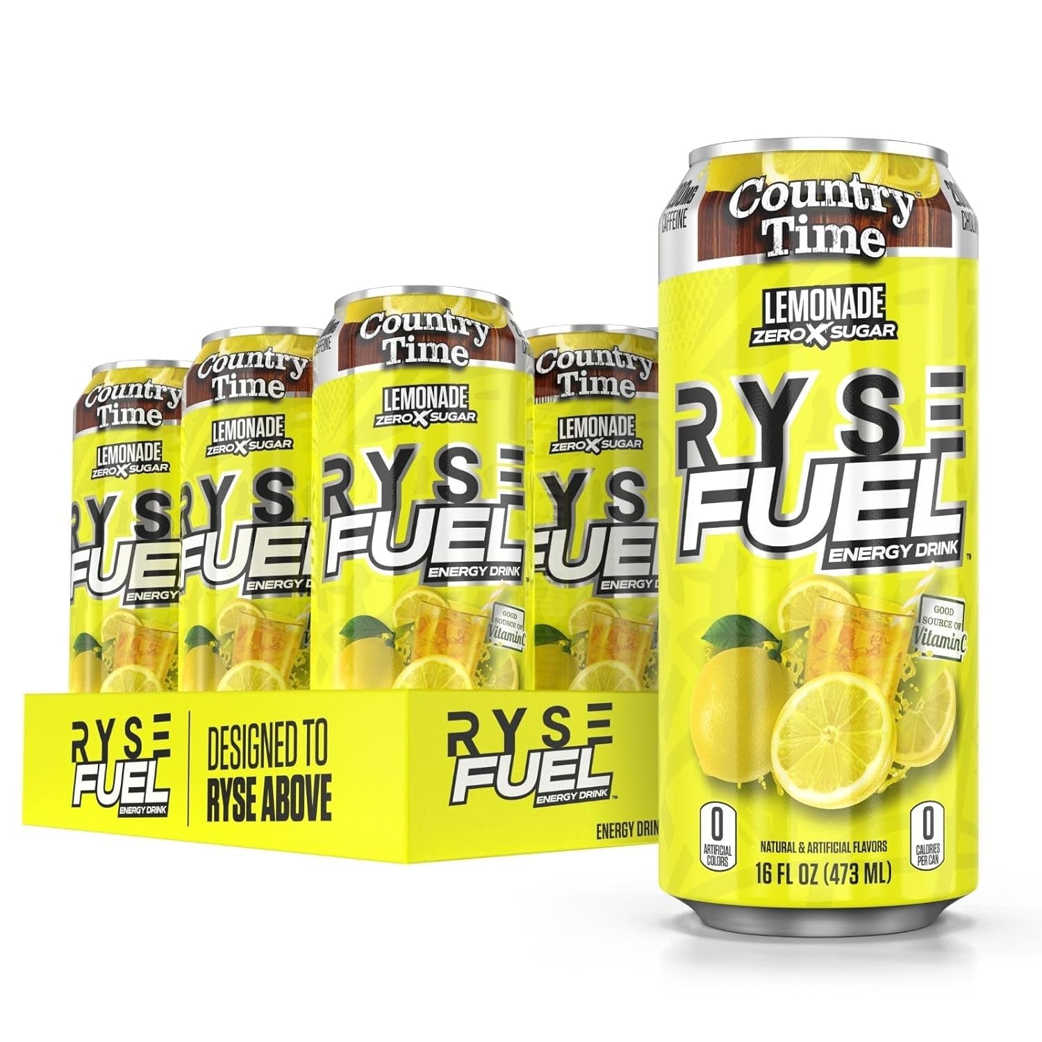 RYSE Fuel Energy Drink - Country Time Lemonade - Sugar Free, Gluten Free & Vegan - 200Mg Natural Caffeine, Taurine & Choline for Focus & Energy - No Artificial Colors - 16 Fl Oz Cans (12-Pack)