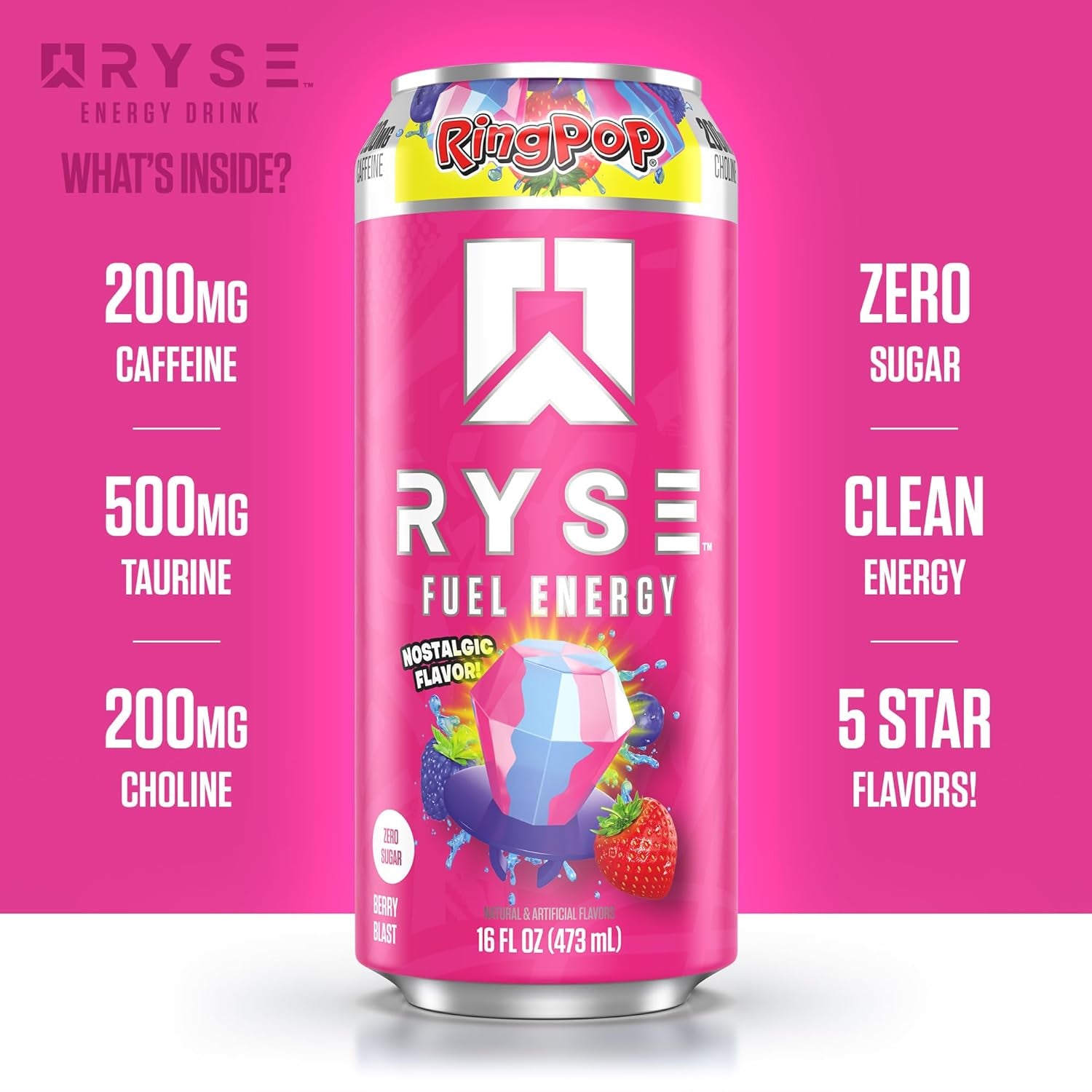 RYSE Fuel Energy Drink - Ring Pop Berry Blast - Sugar Free, Gluten Free & Vegan - 200Mg Natural Caffeine, Taurine & Choline for Focus & Energy - No Artificial Colors - 16 Fl Oz Cans (12-Pack)