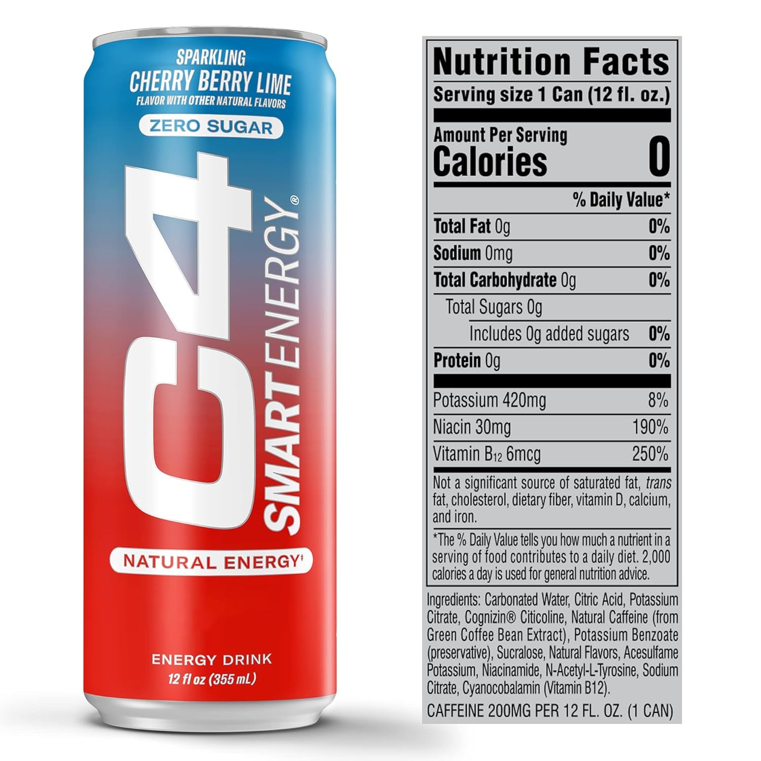 C4 Smart Energy Drink – Boost Focus and Energy with Zero Sugar, Natural Energy, and Nootropics - 200Mg Caffeine - Cherry Berry Lime (12Oz Pack of 12)