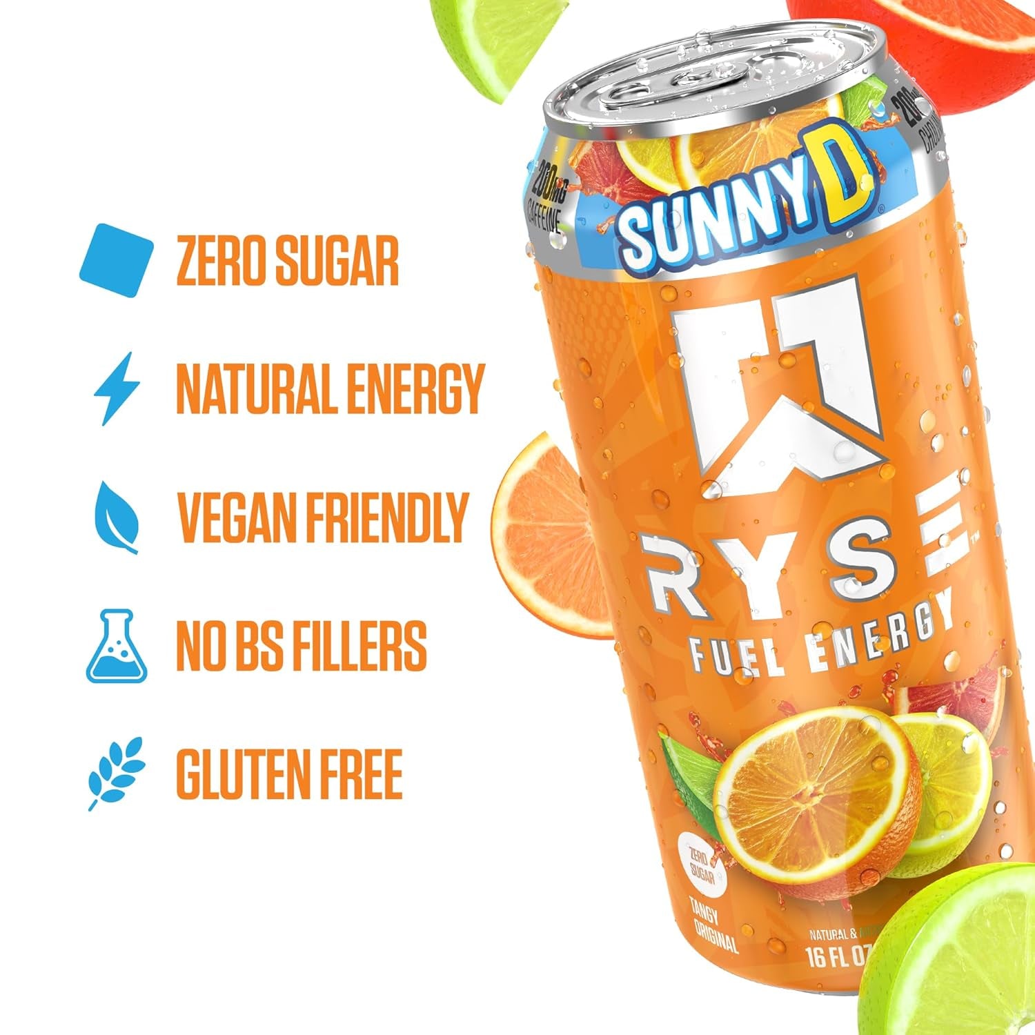 RYSE Fuel Energy Drink - Sunnyd Tangy Original - Sugar Free, Gluten Free & Vegan - 200Mg Natural Caffeine, Taurine & Choline for Focus & Energy - No Artificial Colors - 16 Fl Oz Cans (12-Pack)