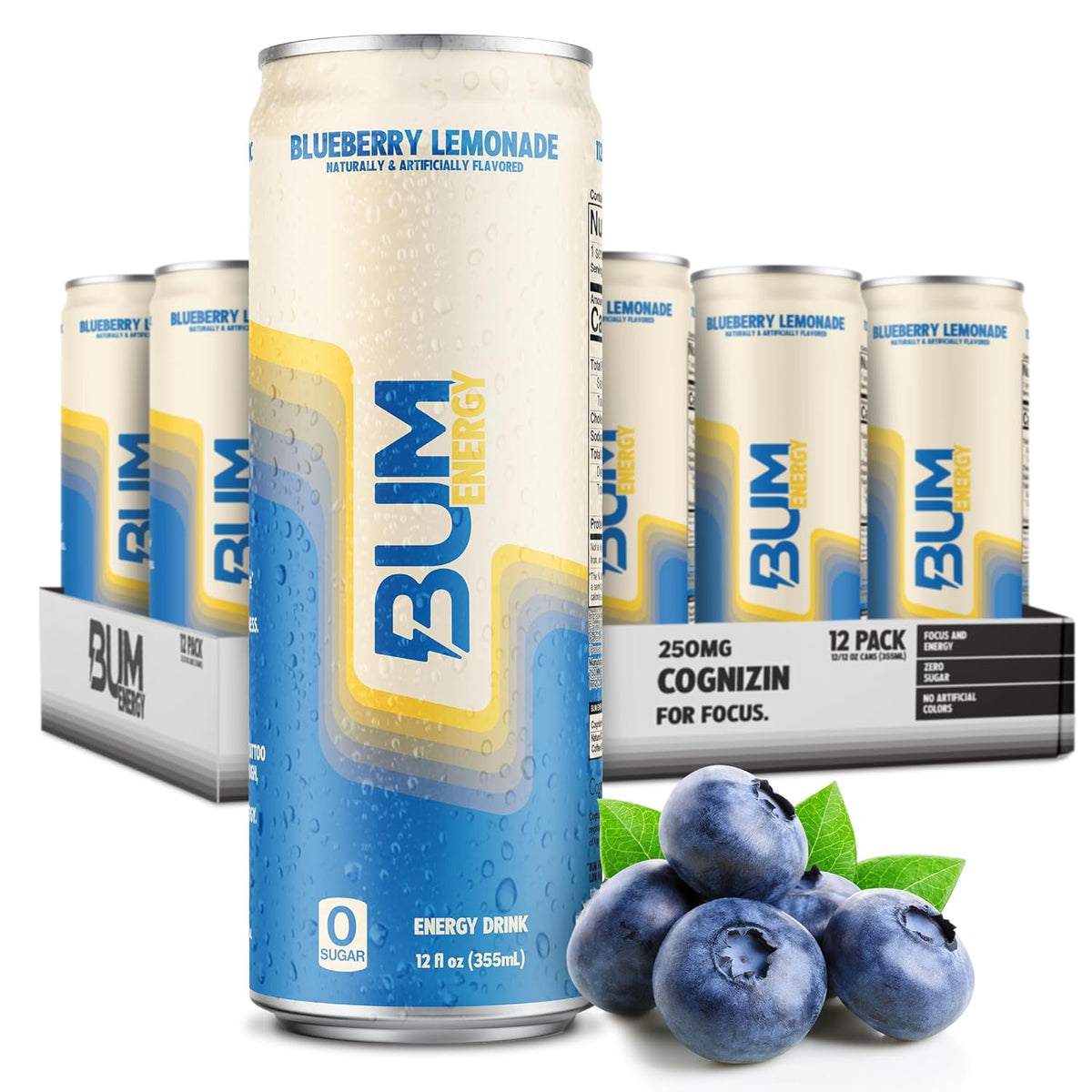 BUM Sugar-Free Energy Drink, Blueberry Lemonade - Lightly Carbonated & No Artificial Colors, Natural Caffeine & Citicoline for Energy & Focus, Brain Boost & Workout Sports Beverage - 12 Oz, Pack of 12