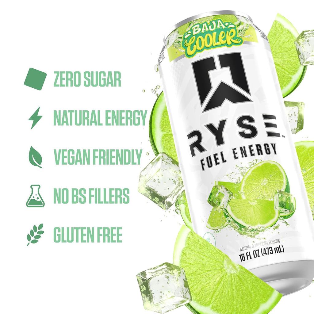 RYSE Fuel Energy Drink - Baja Cooler - Sugar Free, Gluten Free & Vegan - 200Mg Natural Caffeine, Taurine & Choline for Focus & Energy - No Artificial Colors - 16 Fl Oz Cans (12-Pack)