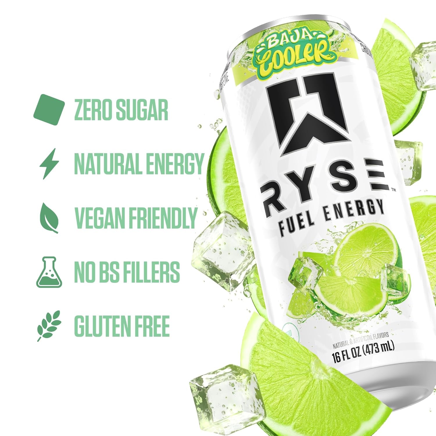 RYSE Fuel Energy Drink - Baja Cooler - Sugar Free, Gluten Free & Vegan - 200Mg Natural Caffeine, Taurine & Choline for Focus & Energy - No Artificial Colors - 16 Fl Oz Cans (12-Pack)