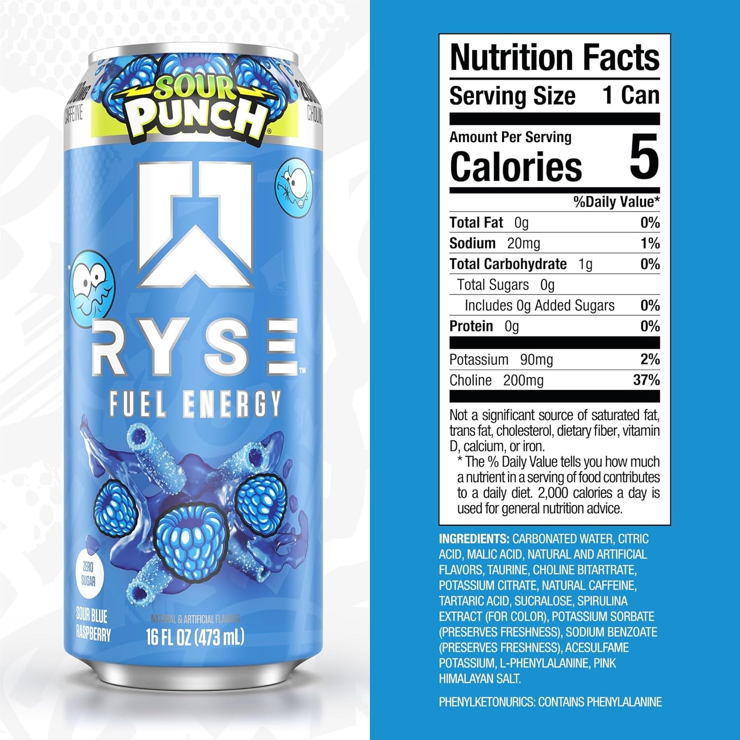RYSE Fuel Energy Drink - Sour Punch Blue Raspberry - Sugar Free, Gluten Free & Vegan - 200Mg Natural Caffeine, Taurine & Choline for Focus & Energy - No Artificial Colors - 16 Fl Oz Cans (12-Pack)