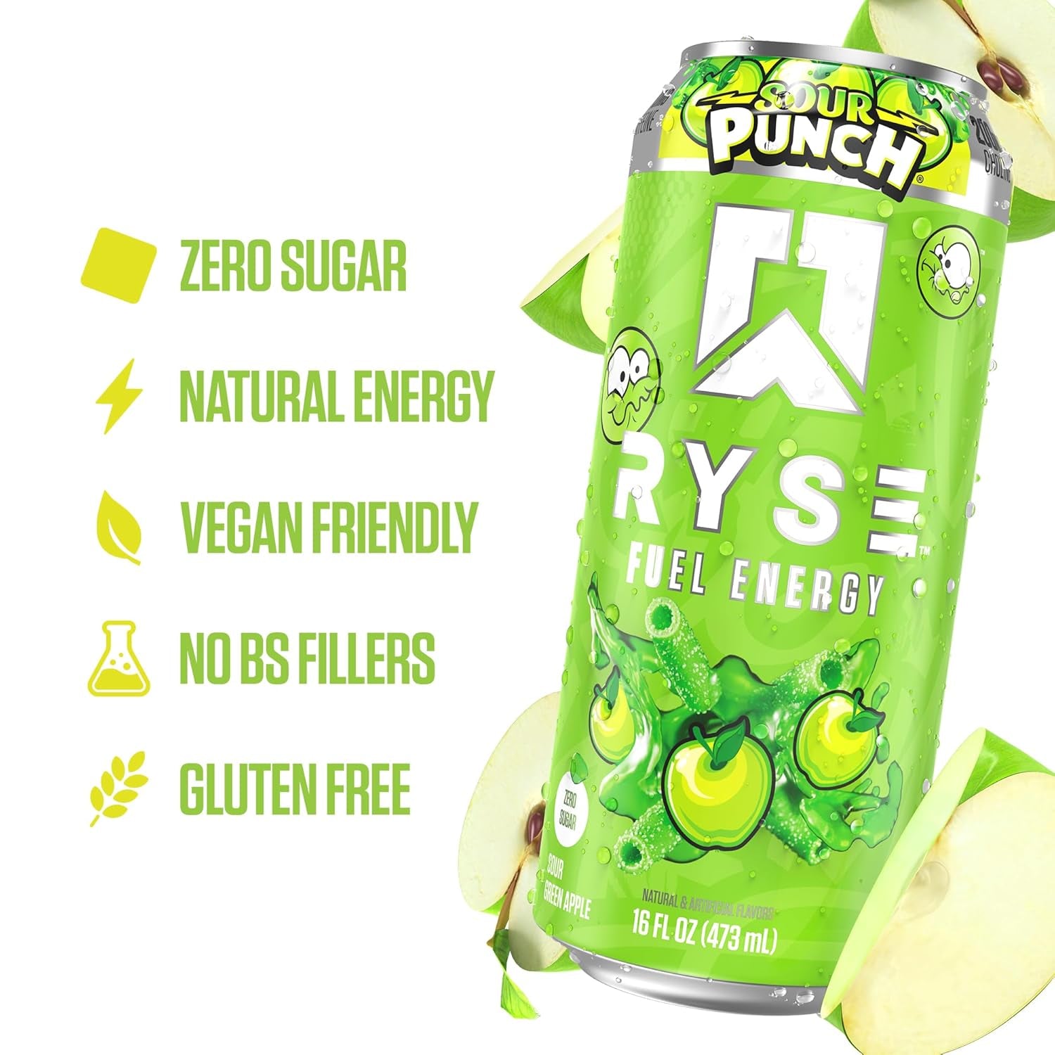RYSE Fuel Energy Drink - Sour Punch Green Apple - Sugar Free, Gluten Free & Vegan - 200Mg Natural Caffeine, Taurine & Choline for Focus & Energy - No Artificial Colors - 16 Fl Oz Cans (12-Pack)