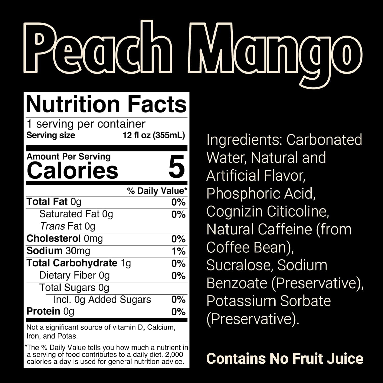 BUM Sugar-Free Energy Drink, Peach Mango - Lightly Carbonated & No Artificial Colors, Natural Caffeine & Citicoline for Energy & Focus, Brain Boost & Workout Sports Beverage - 12 Oz, Pack of 12