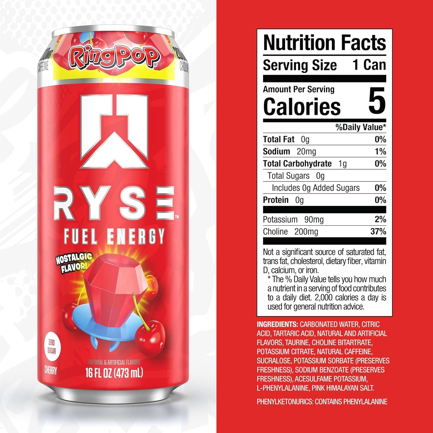 RYSE Fuel Energy Drink - Ring Pop Cherry - Sugar Free, Gluten Free & Vegan - 200Mg Natural Caffeine, Taurine & Choline for Focus & Energy - No Artificial Colors - 16 Fl Oz Cans (12-Pack)