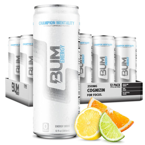 BUM Sugar-Free Energy Drink, Champion Mentality - Lightly Carbonated & No Artificial Colors, Natural Caffeine & Citicoline for Energy & Focus, Brain Boost & Workout Sports Beverage - 12 Oz, Pack of 12
