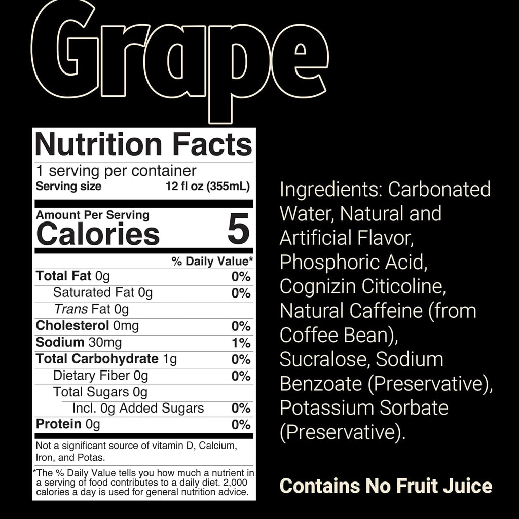 BUM Sugar-Free Energy Drink, Grape - Lightly Carbonated & No Artificial Colors, Natural Caffeine & Citicoline for Energy & Focus, Brain Boost & Workout Sports Beverage - 12 Oz, Pack of 12