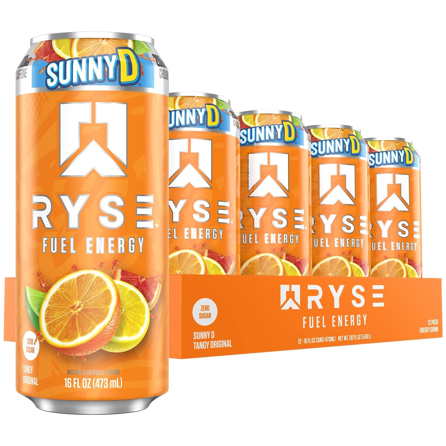 RYSE Fuel Energy Drink - Sunnyd Tangy Original - Sugar Free, Gluten Free & Vegan - 200Mg Natural Caffeine, Taurine & Choline for Focus & Energy - No Artificial Colors - 16 Fl Oz Cans (12-Pack)