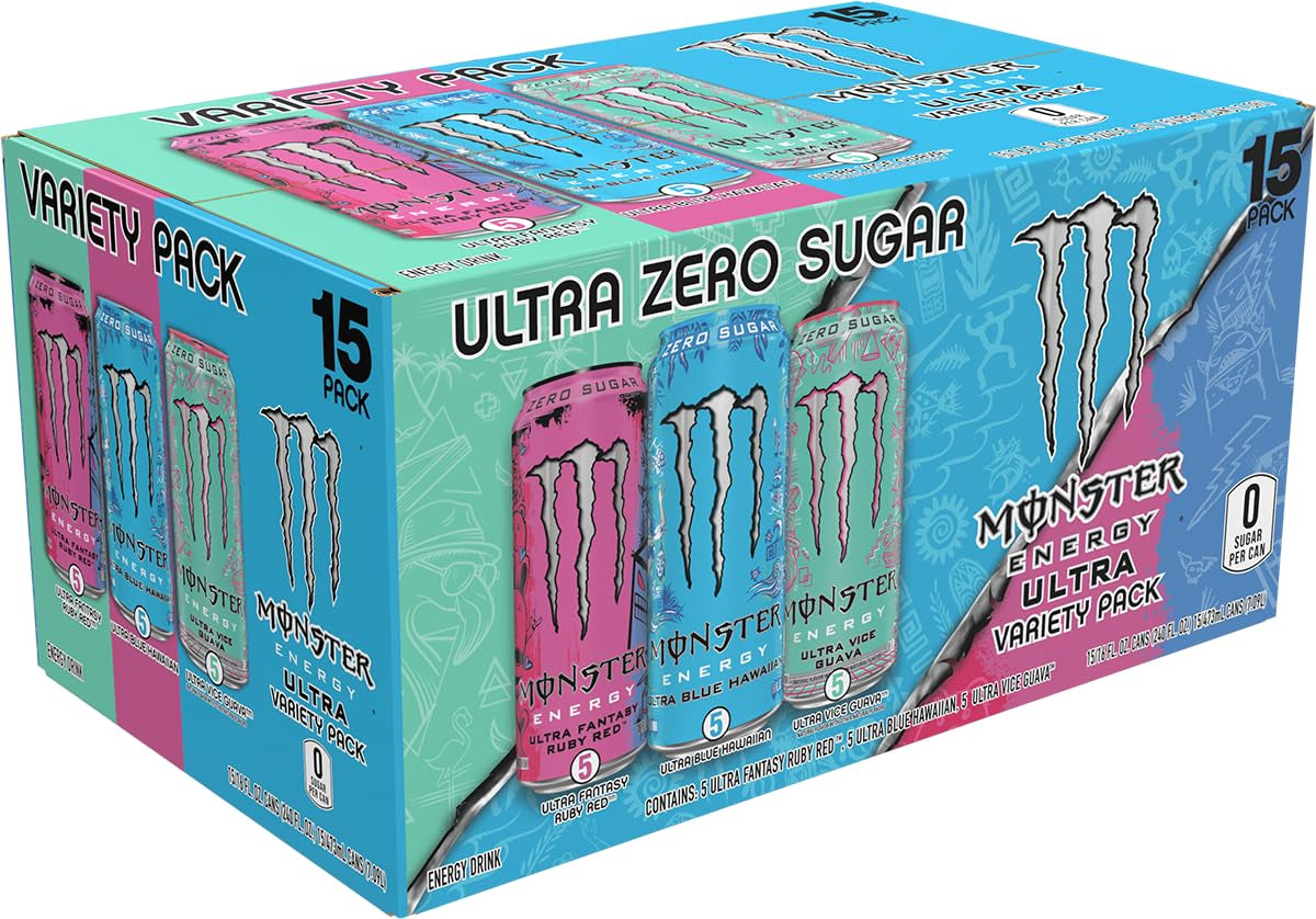 Energy Ultra Variety Pack, Blue Hawaiian, Ultra Vice Guava, Ultra Fantasy Ruby Red, Sugar Free Energy Drink, 16 Ounce (Pack of 15)