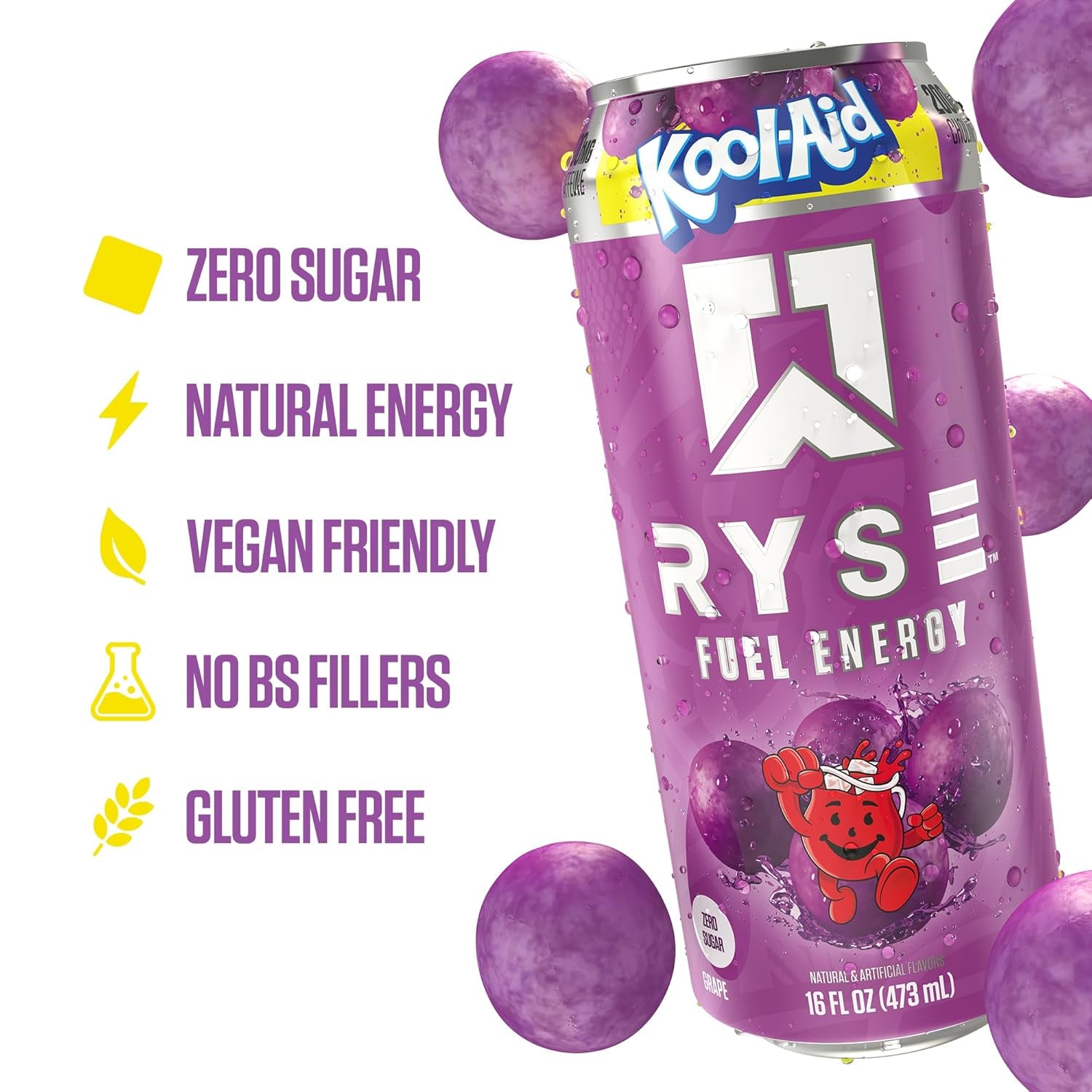 RYSE Fuel Energy Drink - Kool-Aid Grape - Sugar Free, Gluten Free & Vegan - 200Mg Natural Caffeine, Taurine & Choline for Focus & Energy - No Artificial Colors - 16 Fl Oz Cans (12-Pack)