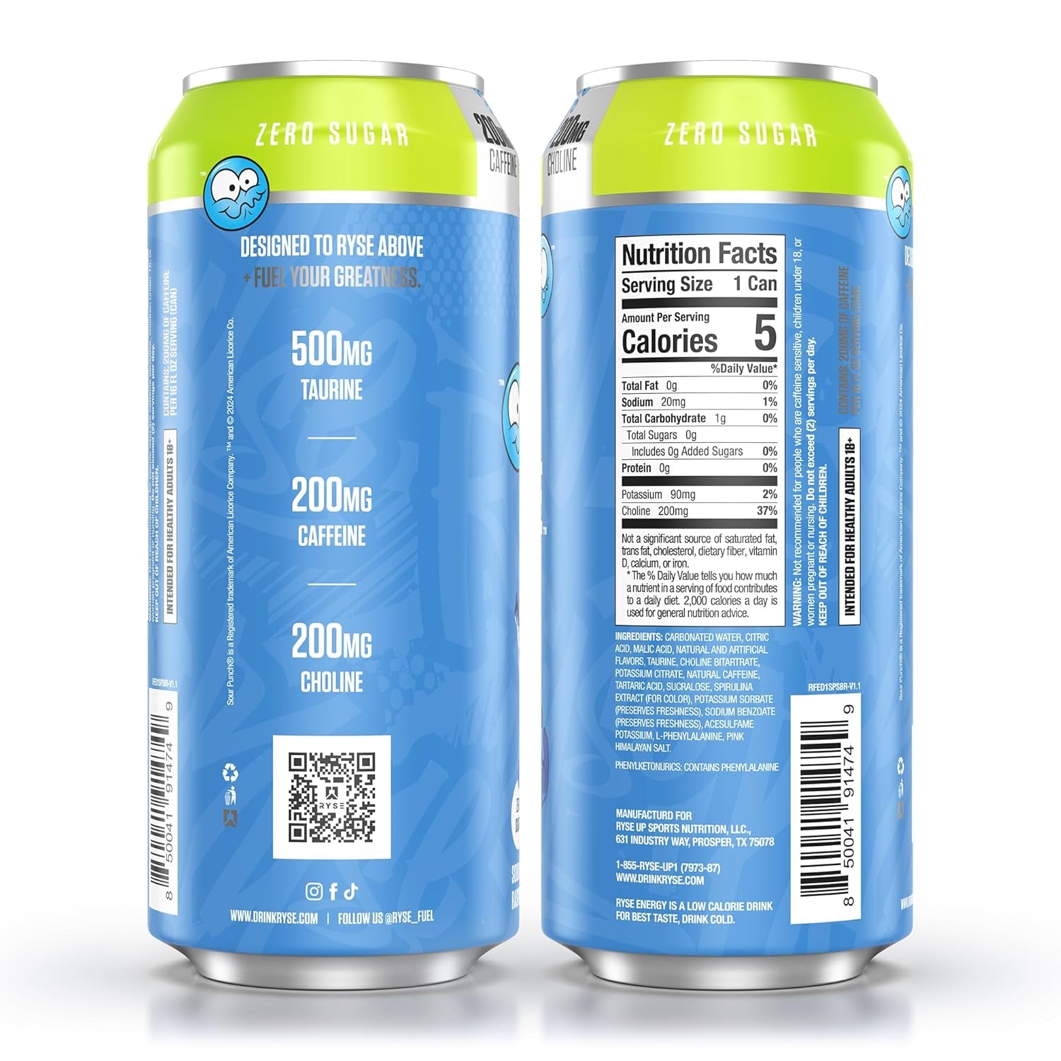 RYSE Fuel Energy Drink - Sour Punch Blue Raspberry - Sugar Free, Gluten Free & Vegan - 200Mg Natural Caffeine, Taurine & Choline for Focus & Energy - No Artificial Colors - 16 Fl Oz Cans (12-Pack)