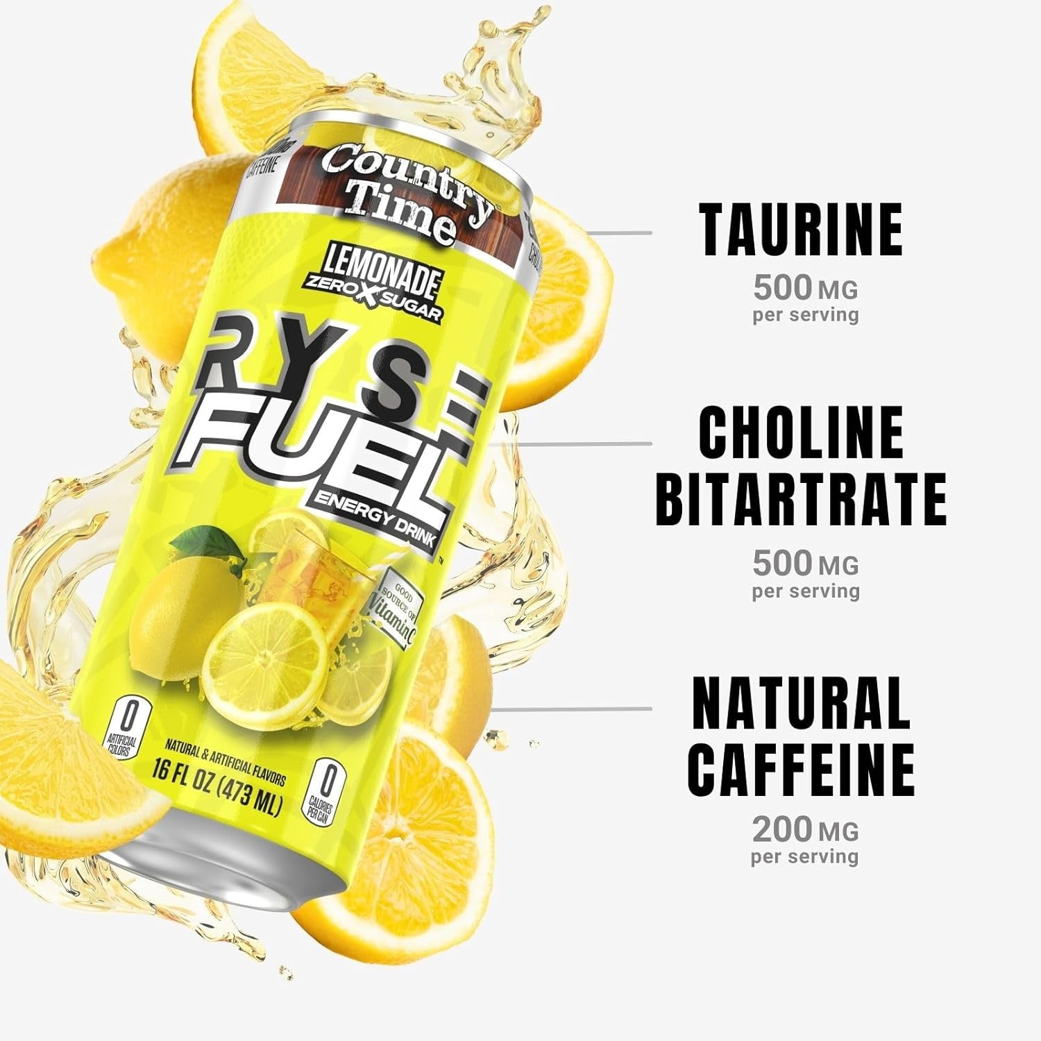 RYSE Fuel Energy Drink - Country Time Lemonade - Sugar Free, Gluten Free & Vegan - 200Mg Natural Caffeine, Taurine & Choline for Focus & Energy - No Artificial Colors - 16 Fl Oz Cans (12-Pack)